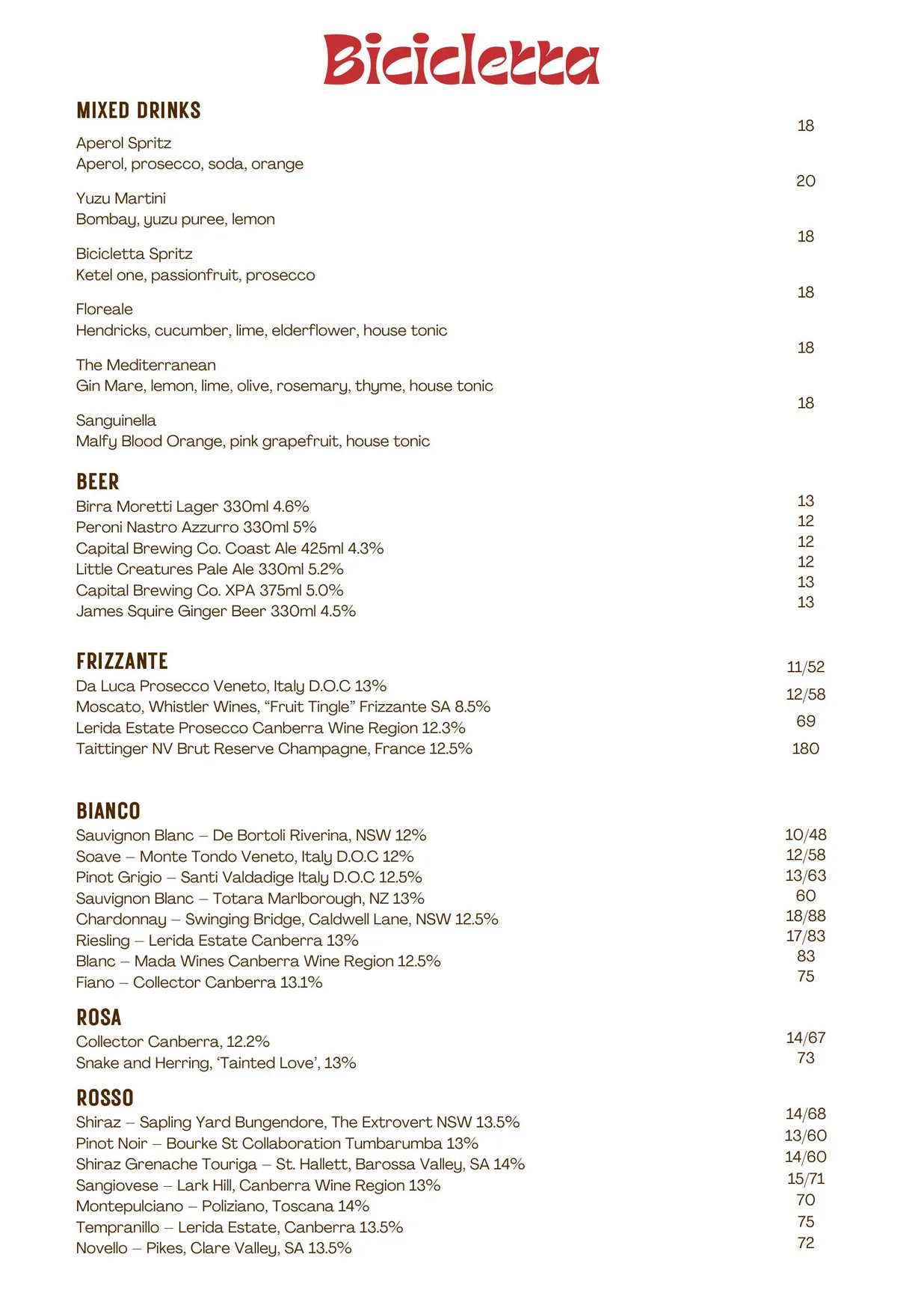 Bicicletta menu, page 1