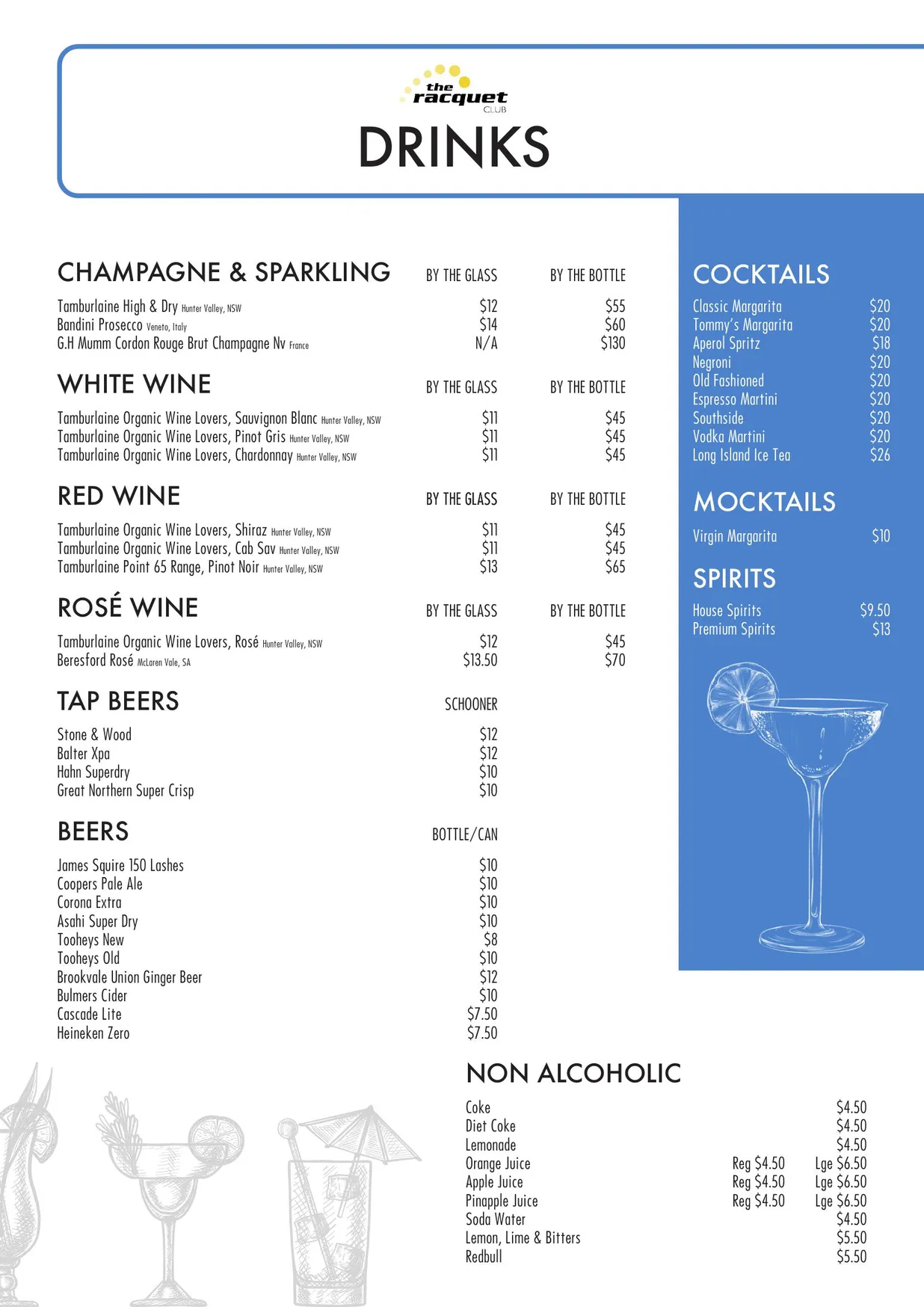 The Racquet Club Bar menu, page 2