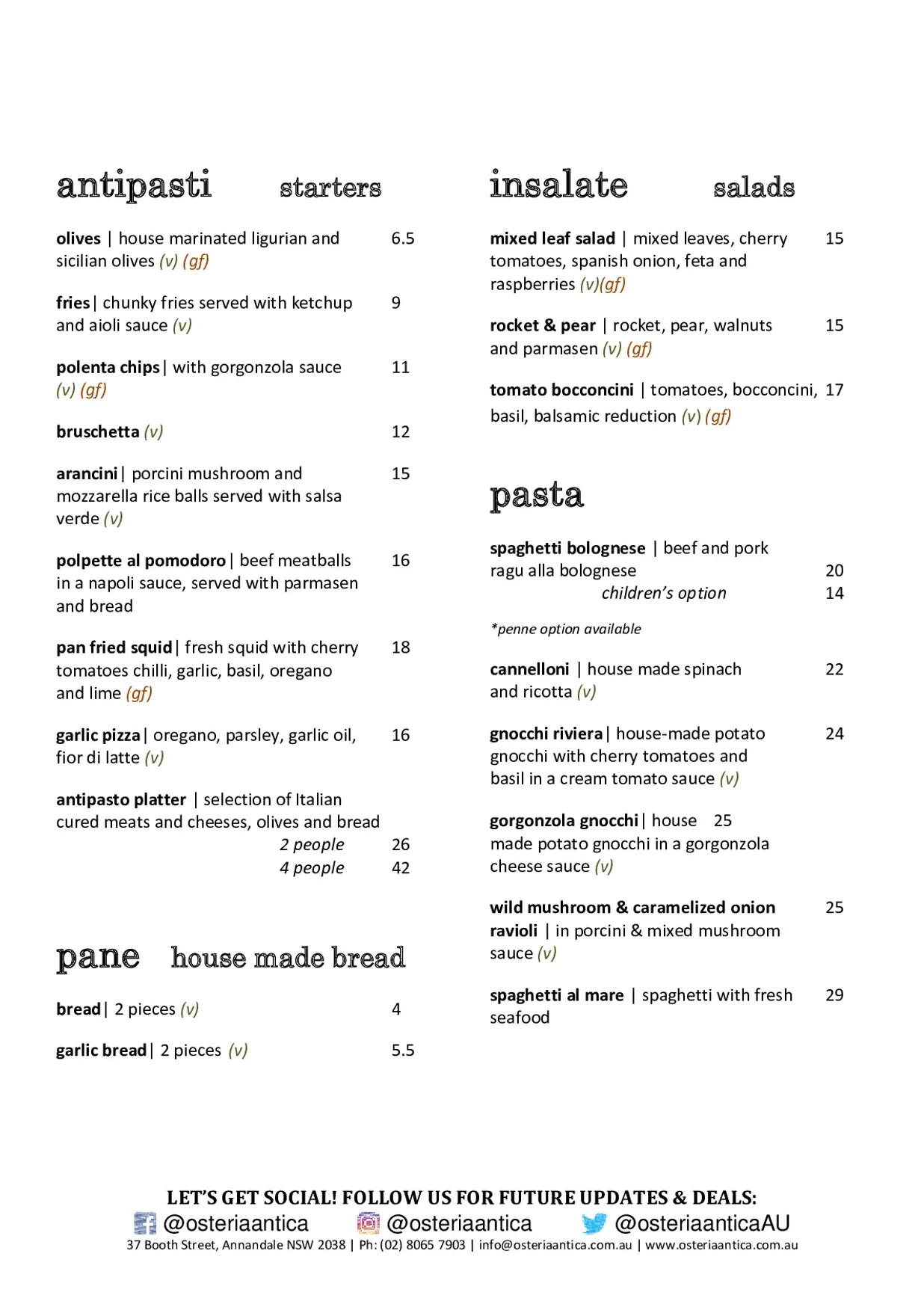 Osteria Antica menu, page 1