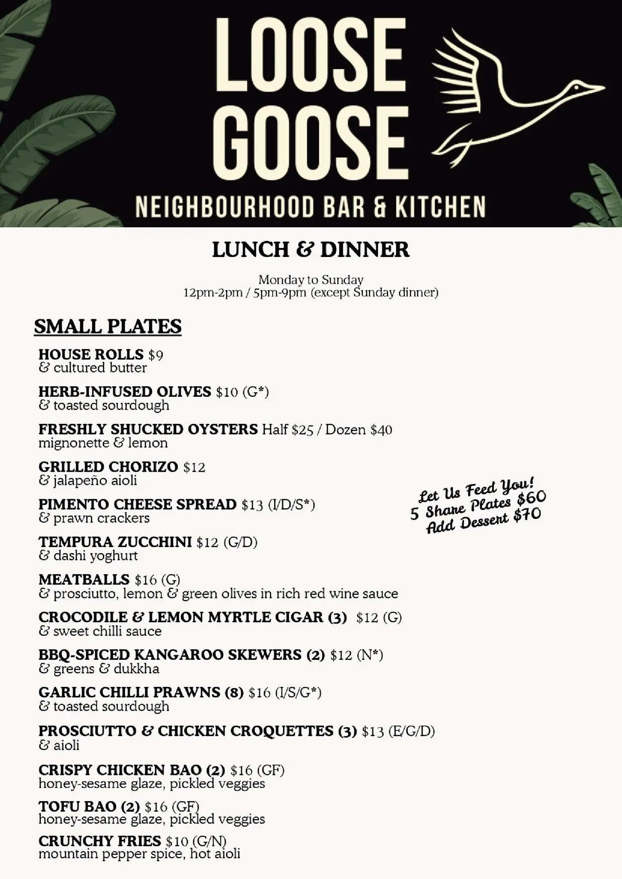 The Loose Goose Bar menu, page 1