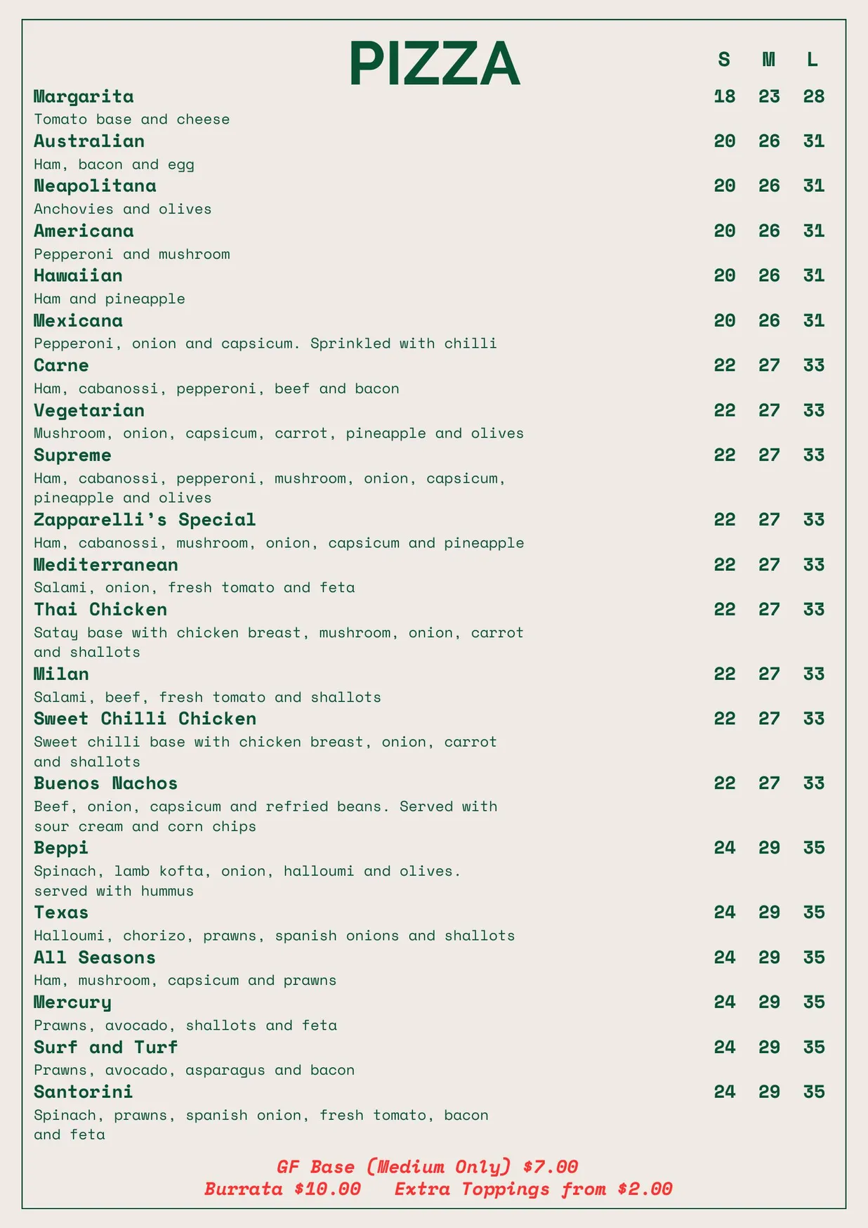 Zapparelli's Pizza menu, page 1