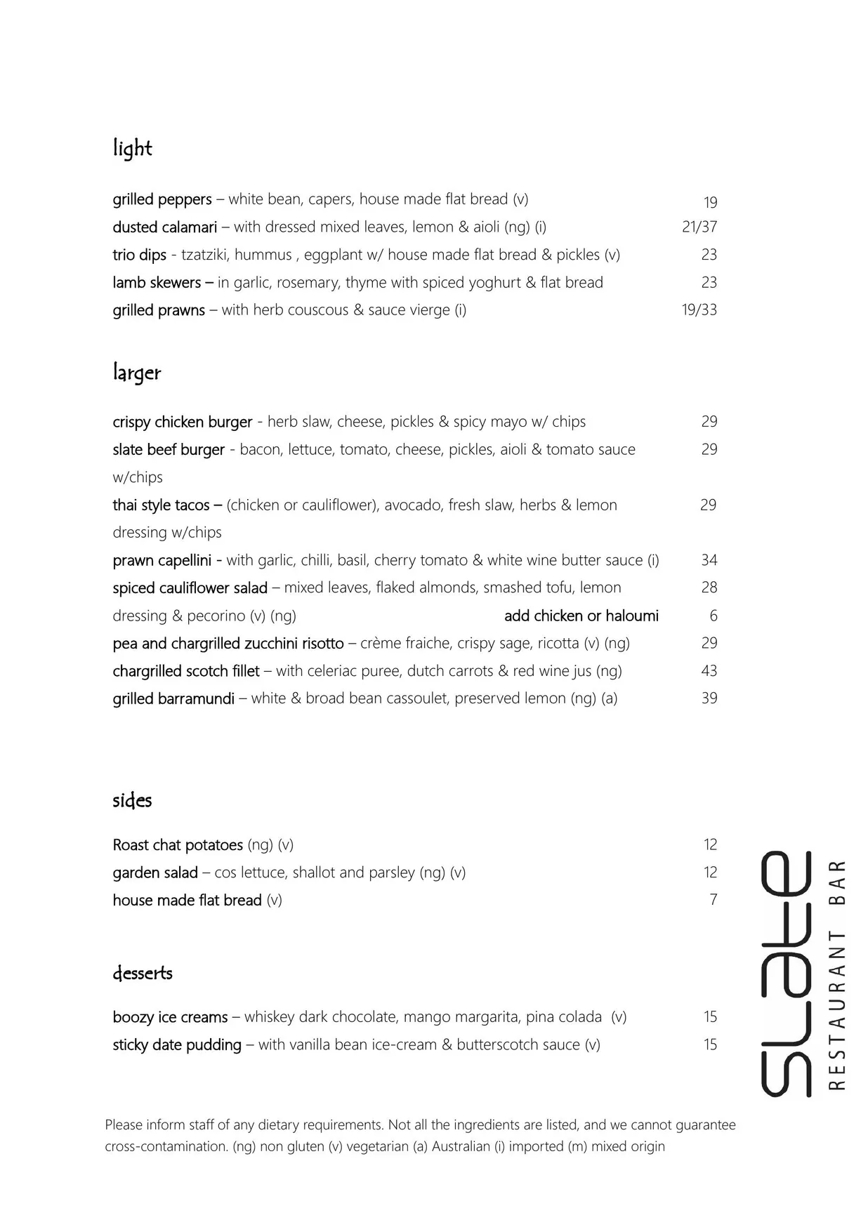 Slate Restaurant Bar menu, page 2