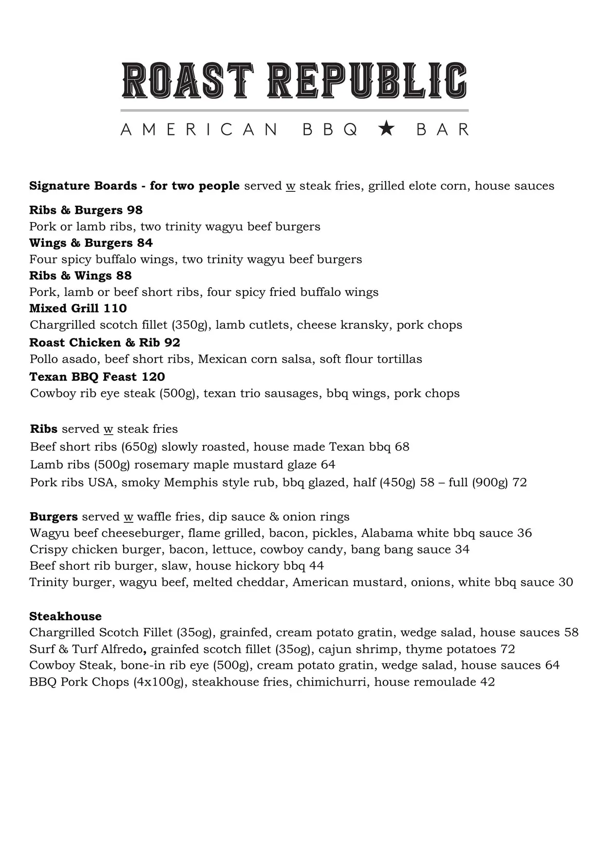 Roast Republic menu, page 1