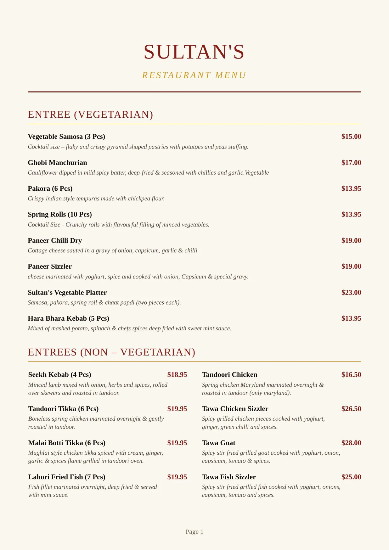 The Sultan's Palace Restaurant menu, page 1