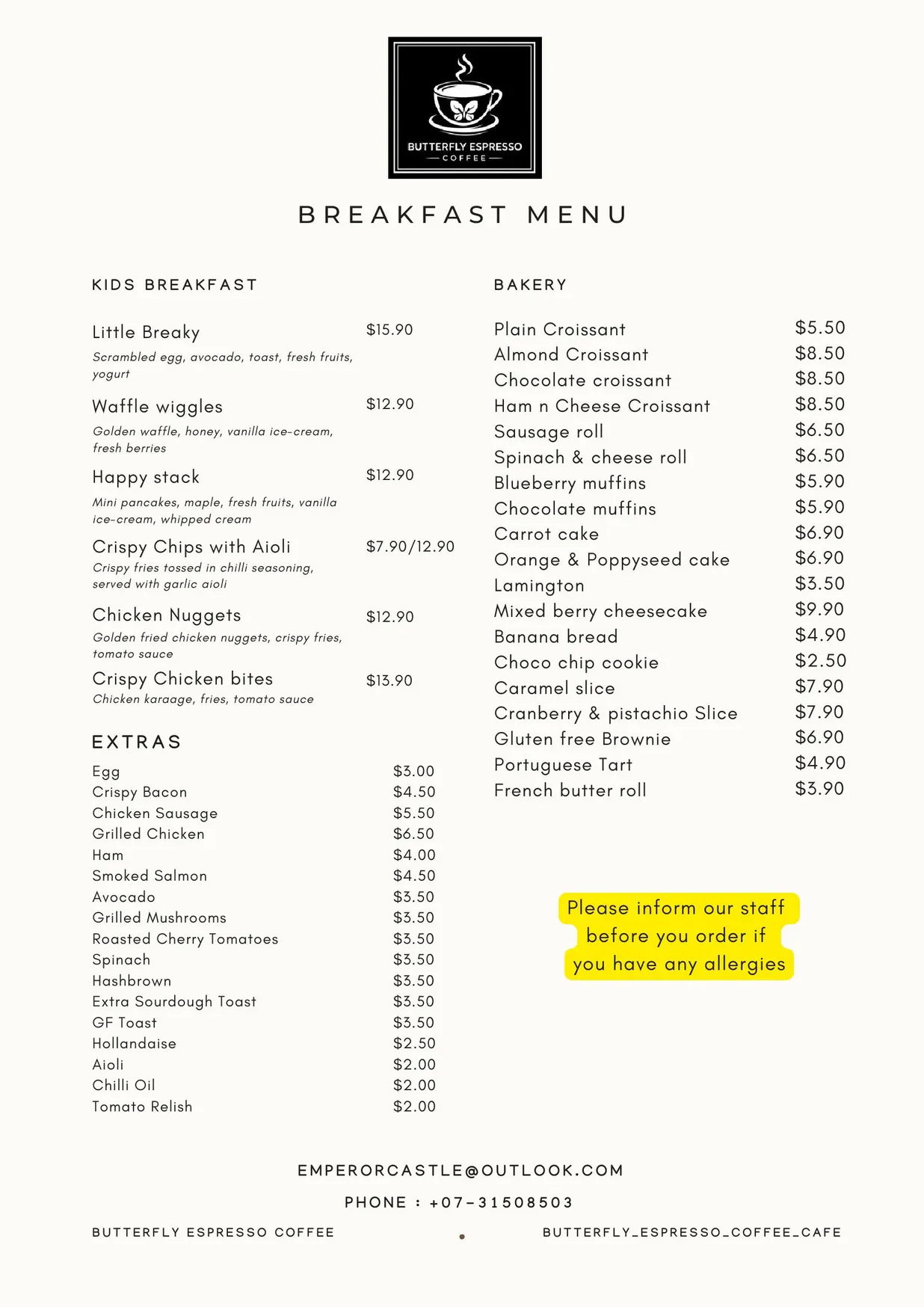 Butterfly Espresso Coffee menu, page 5