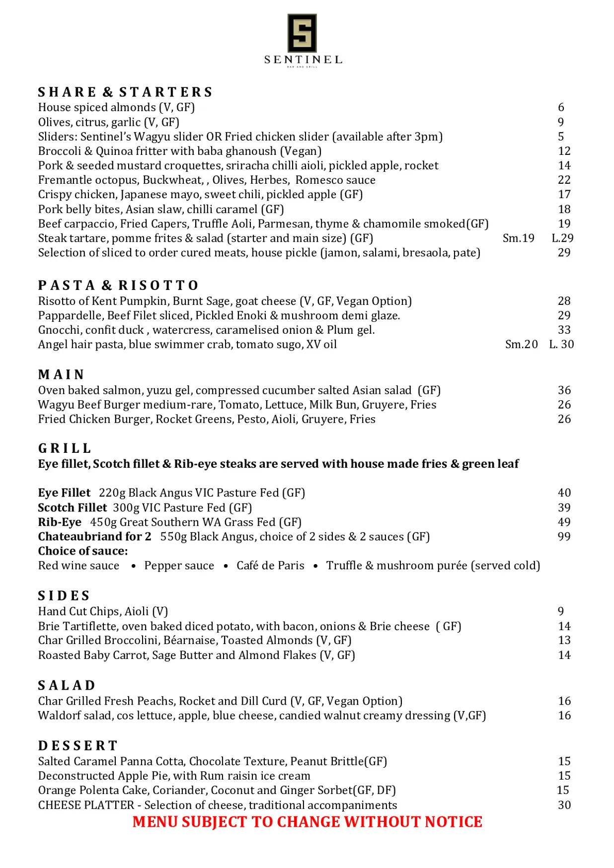 Sentinel Bar & Grill menu, page 1