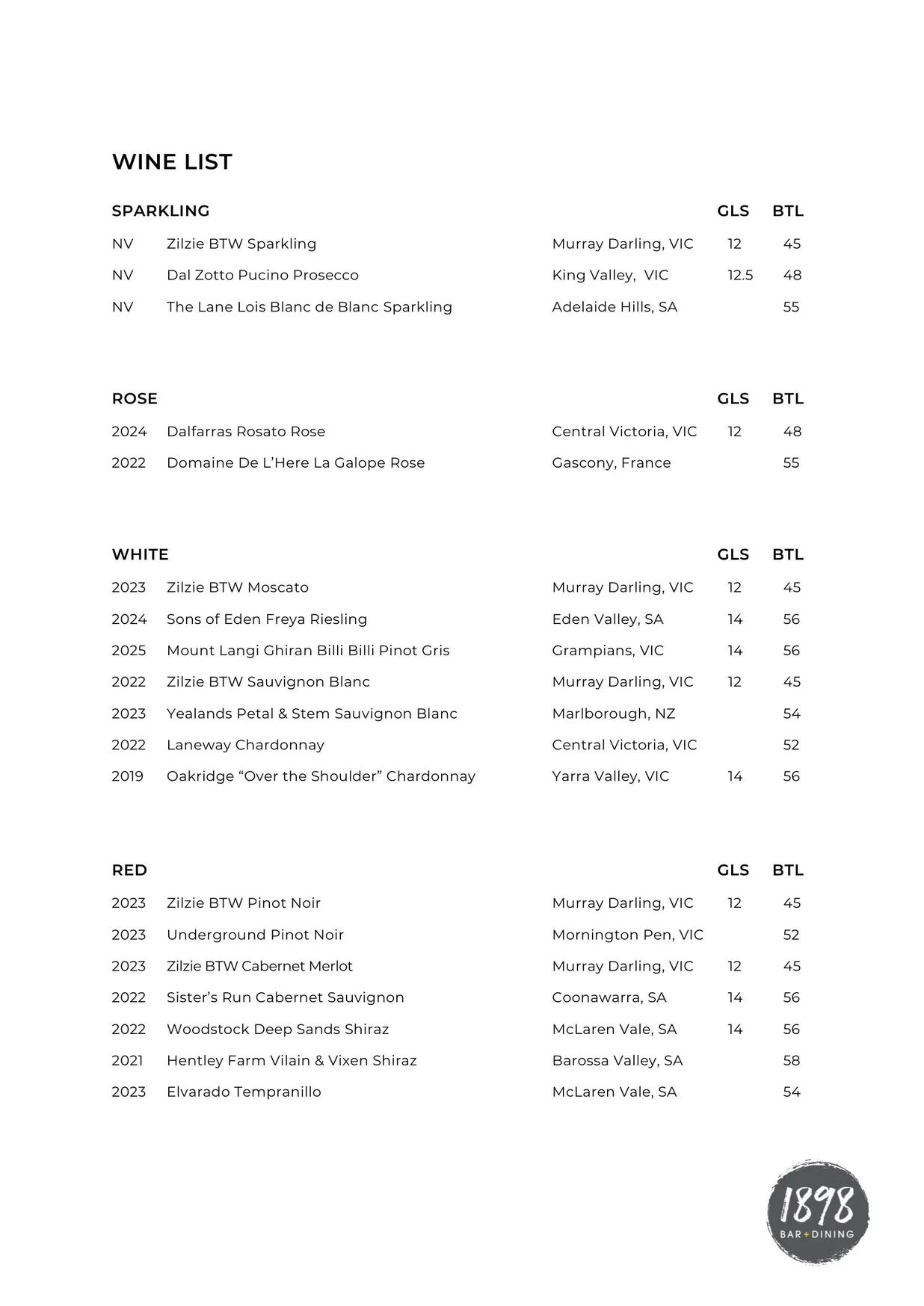 1898 Bar + Dining menu, page 1