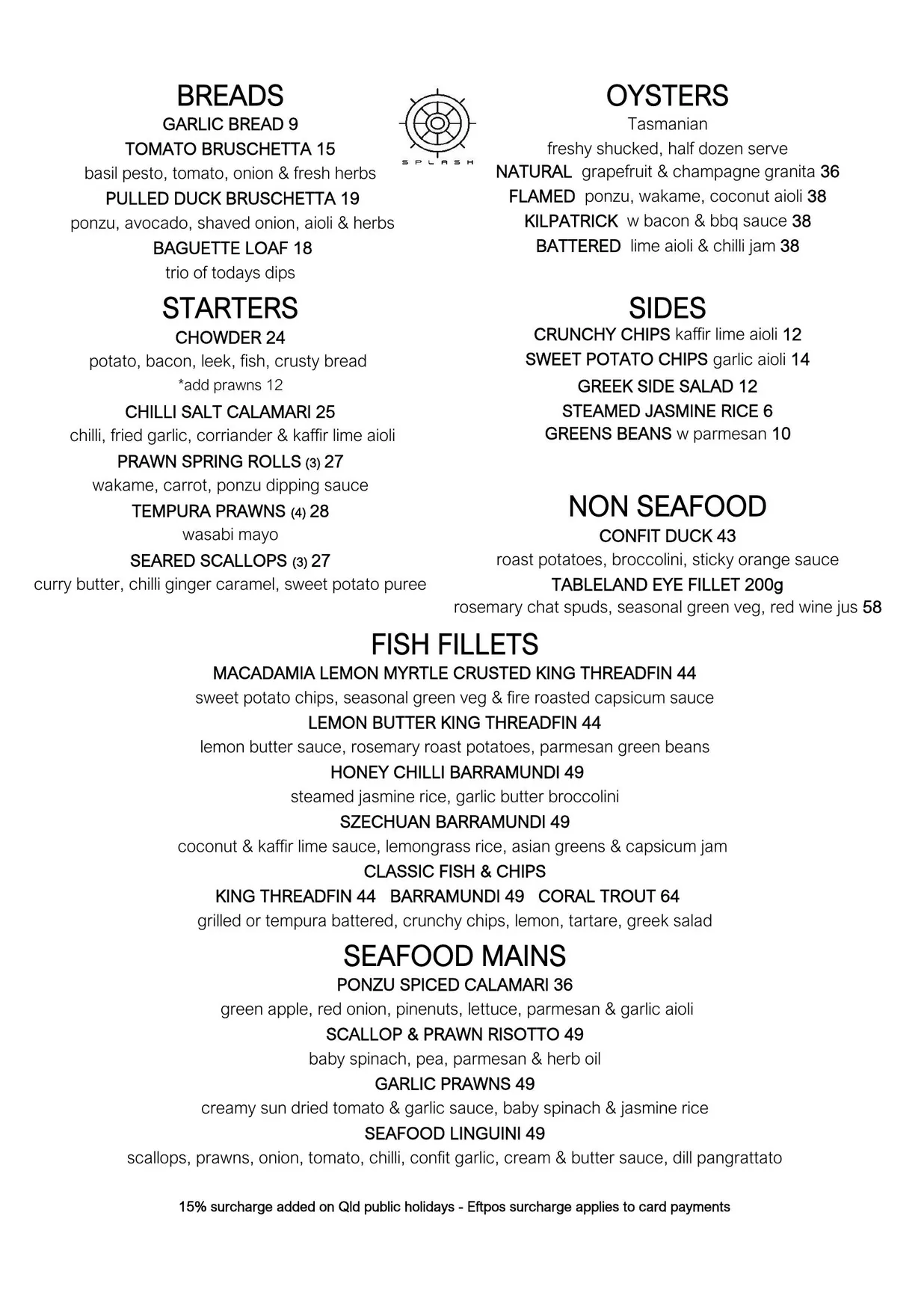 Splash Seafood Restaurant menu, page 1