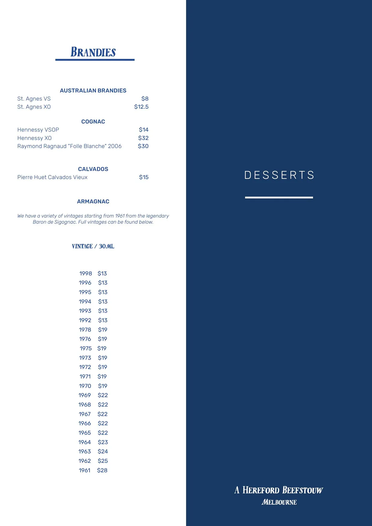 A Hereford Beefstouw menu, page 1