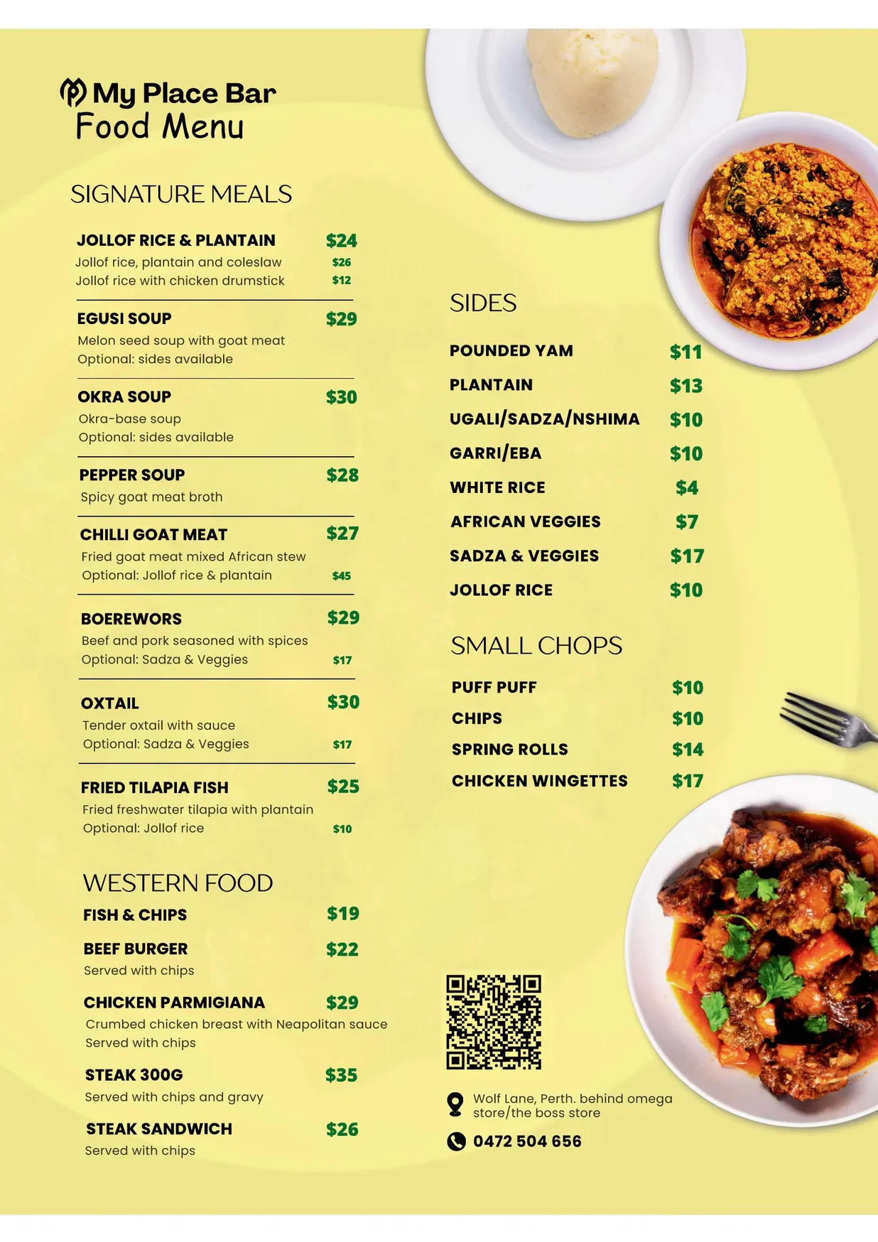 My Place Bar menu, page 1