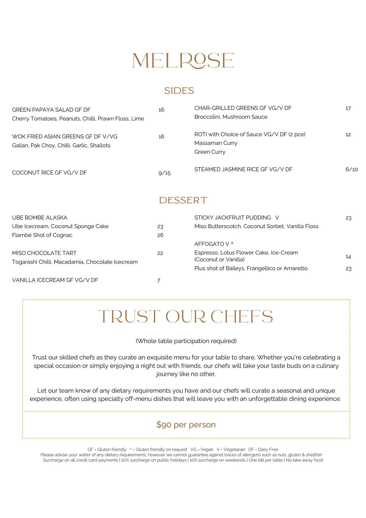 Melrose menu, page 2