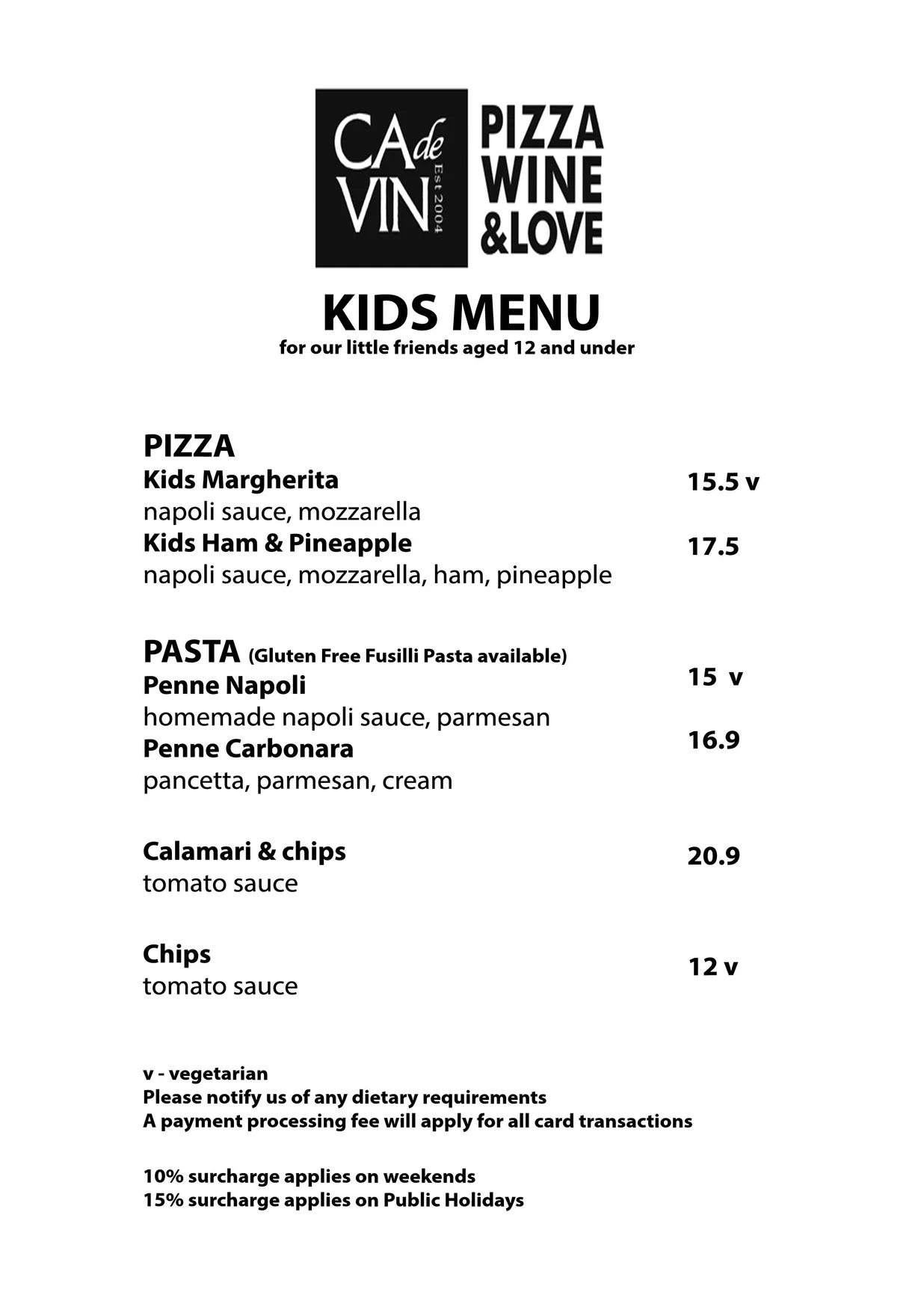 Ca de Vin menu, page 1