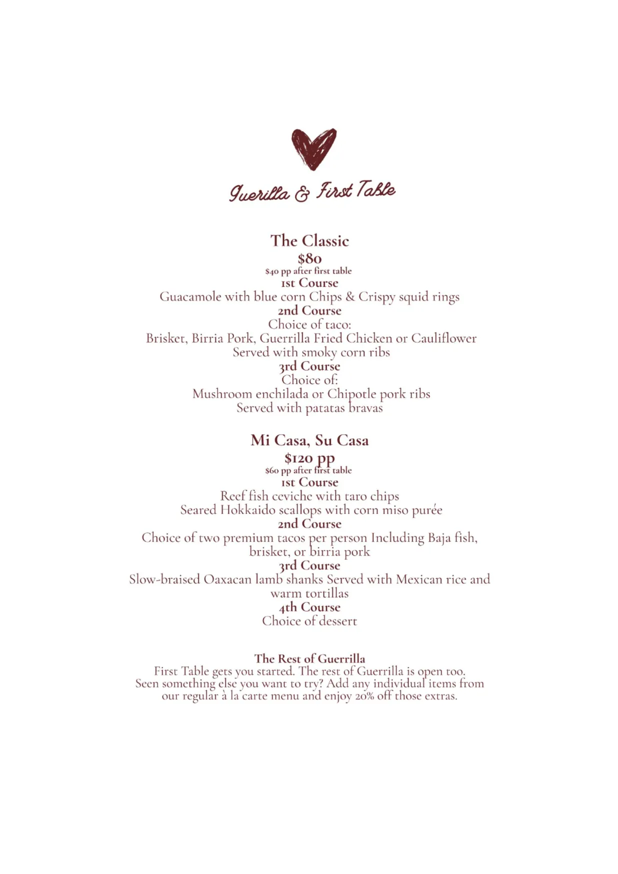 Guerrilla menu, page 1