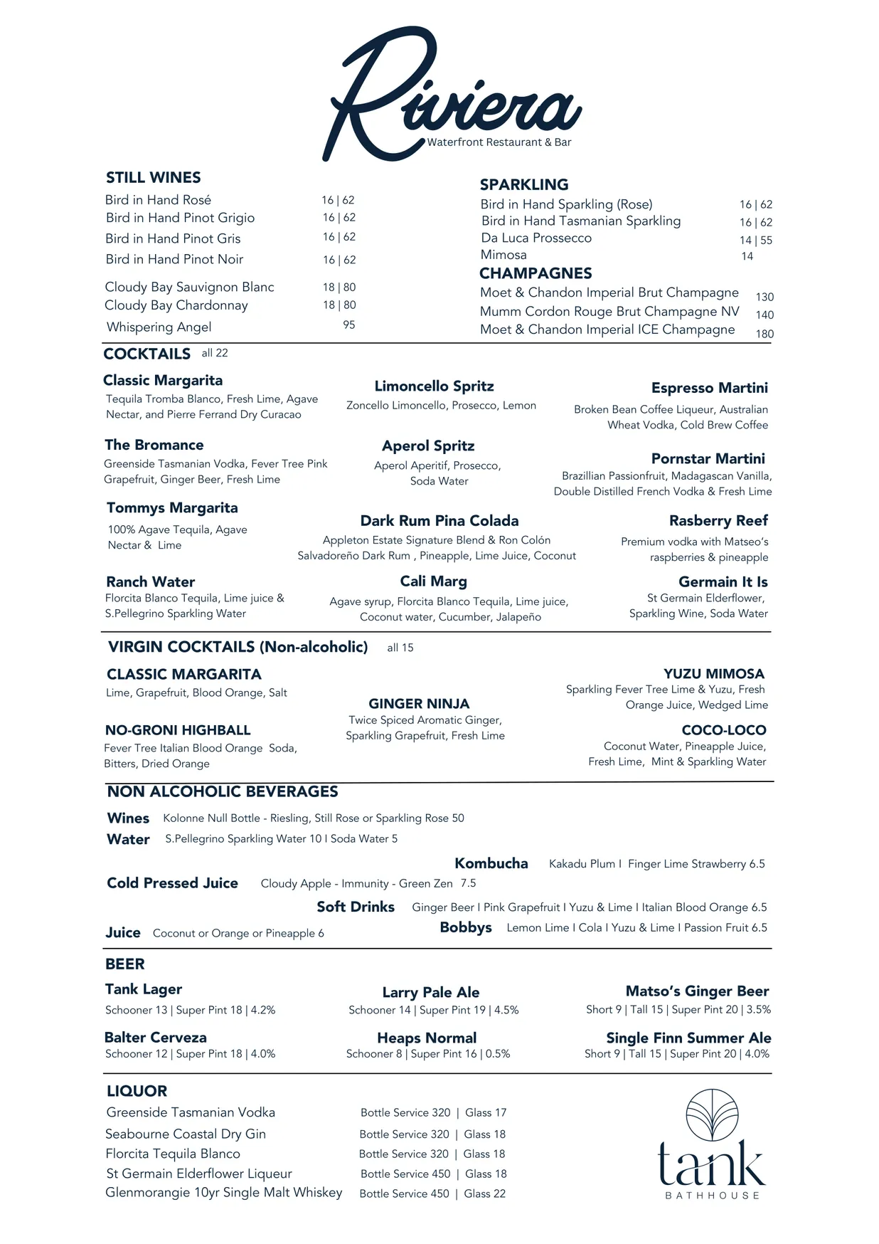 Riviera Waterfront menu, page 2