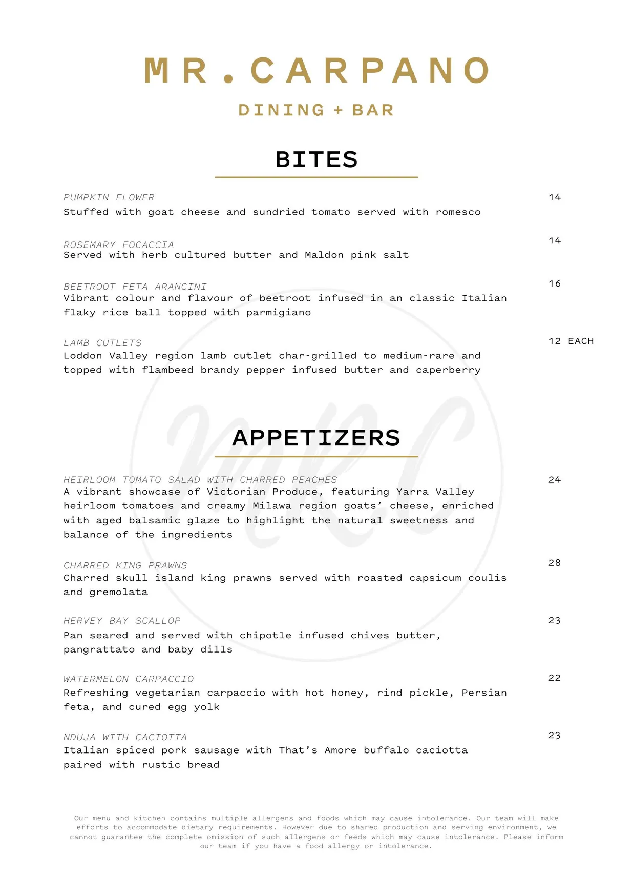 Mr. Carpano Dining + Bar menu, page 1