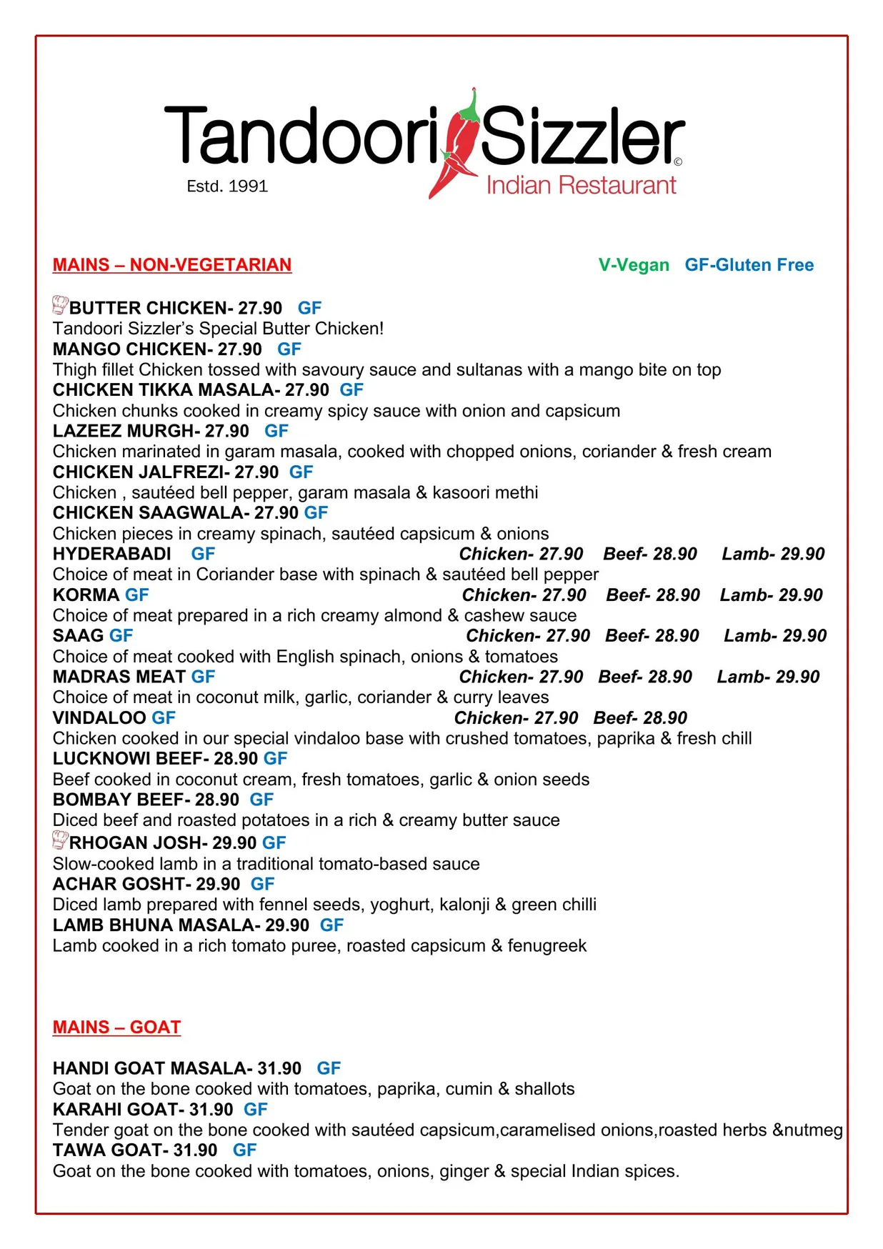 Tandoori Sizzler Dural menu, page 2