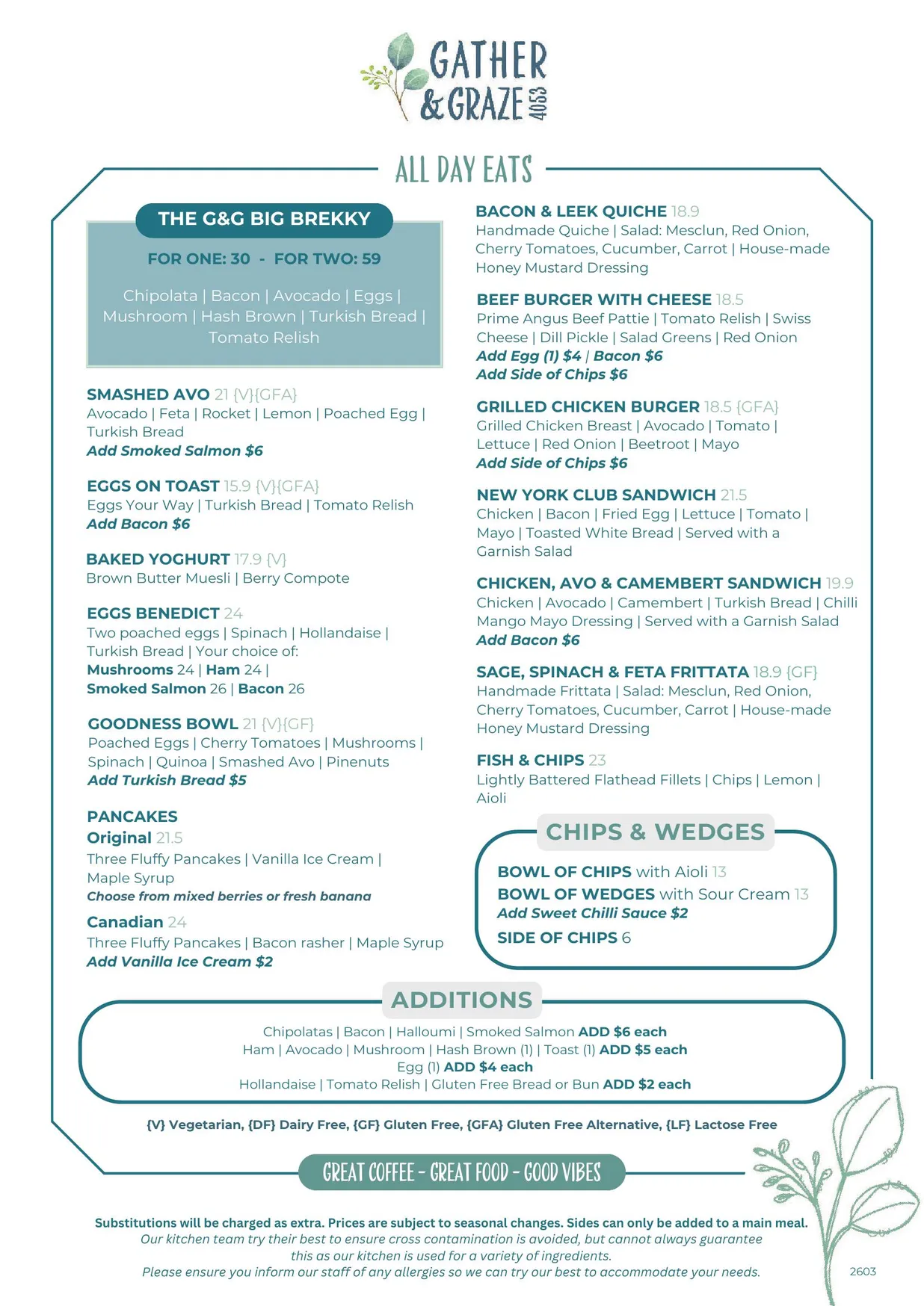 Gather & Graze menu, page 1