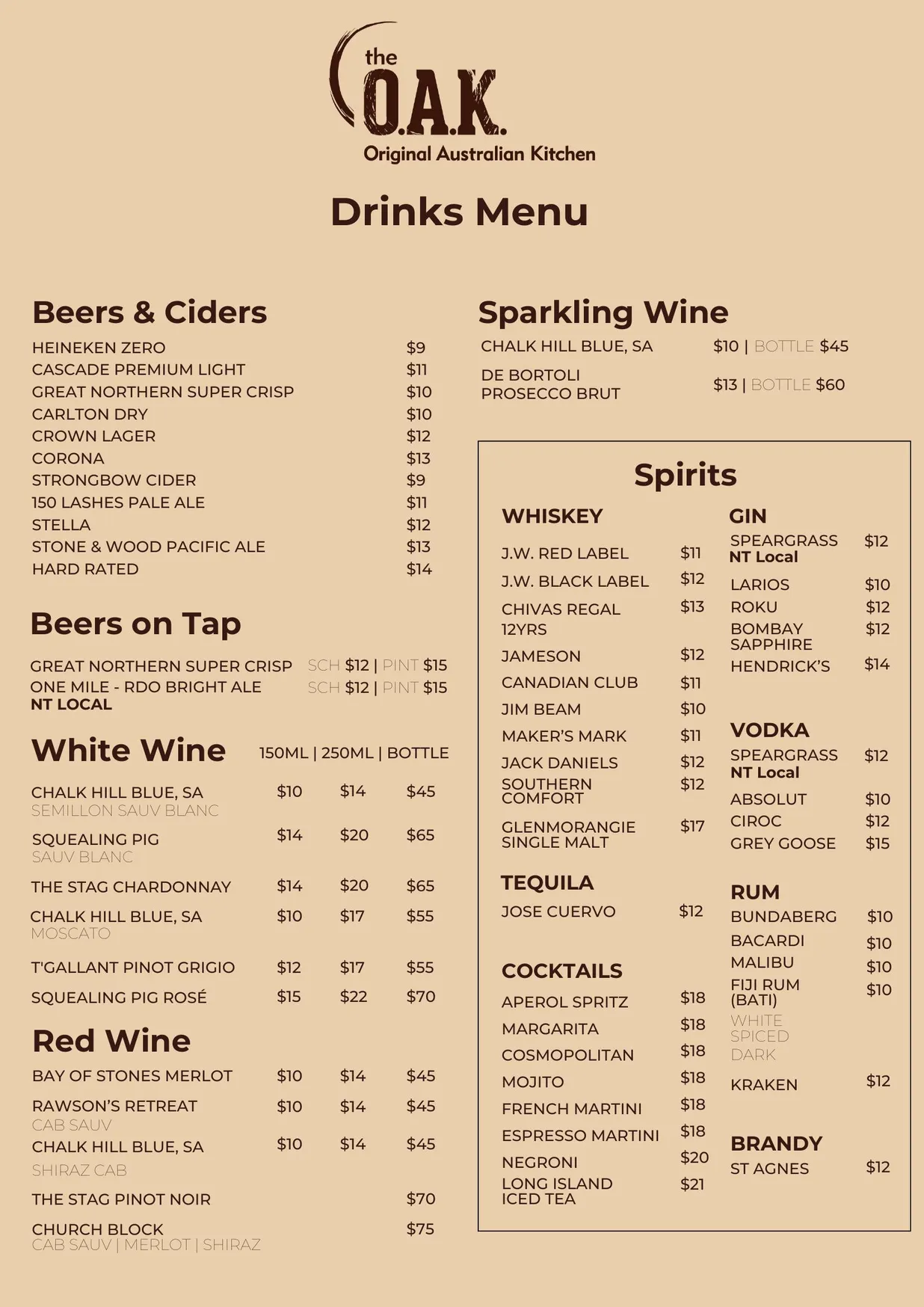 The O.A.K Original Australian Kitchen menu, page 1