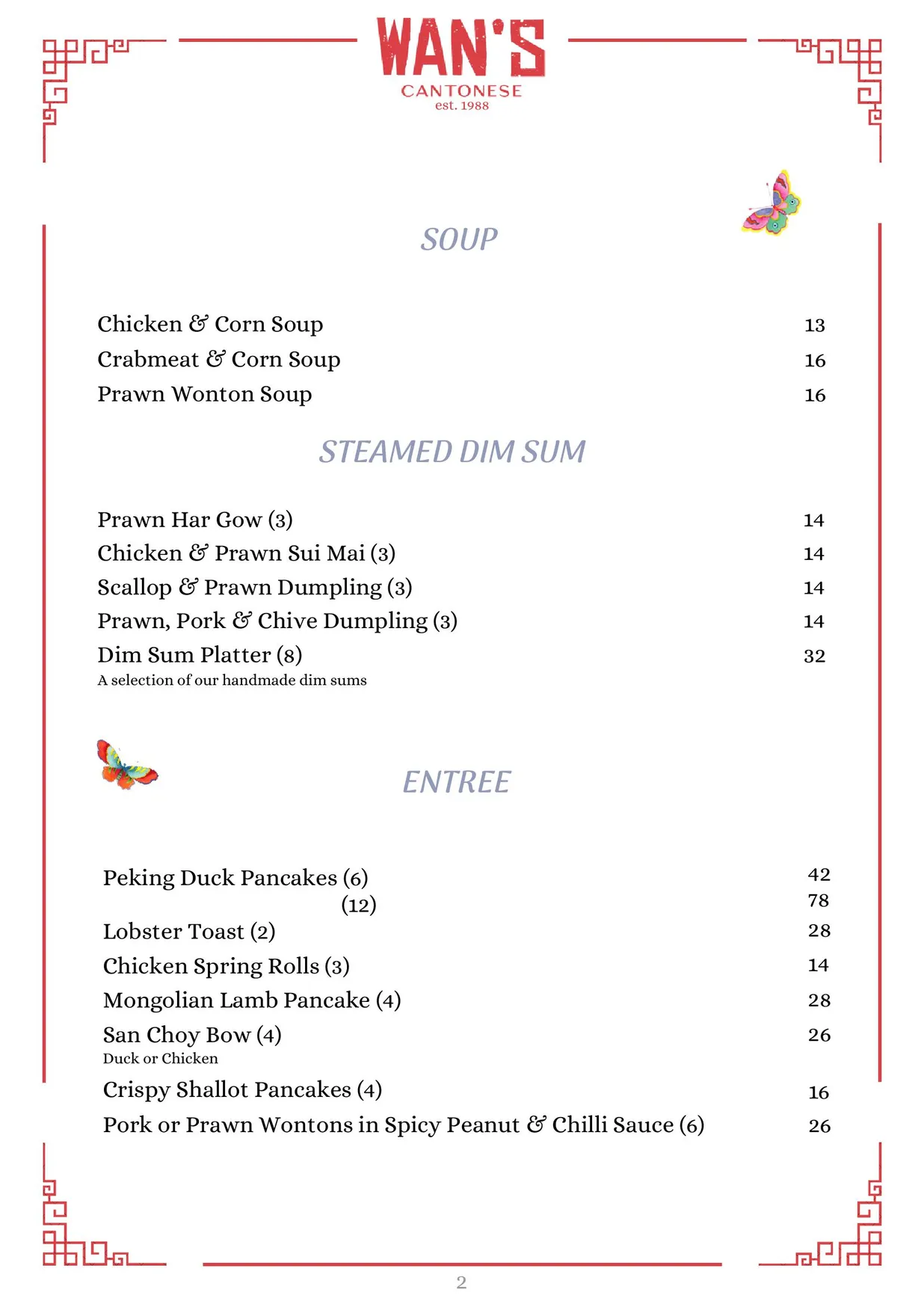 Wan's Cantonese menu, page 2