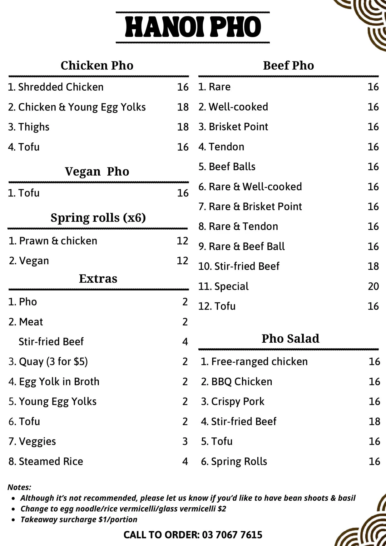 Hanoi Pho menu, page 1