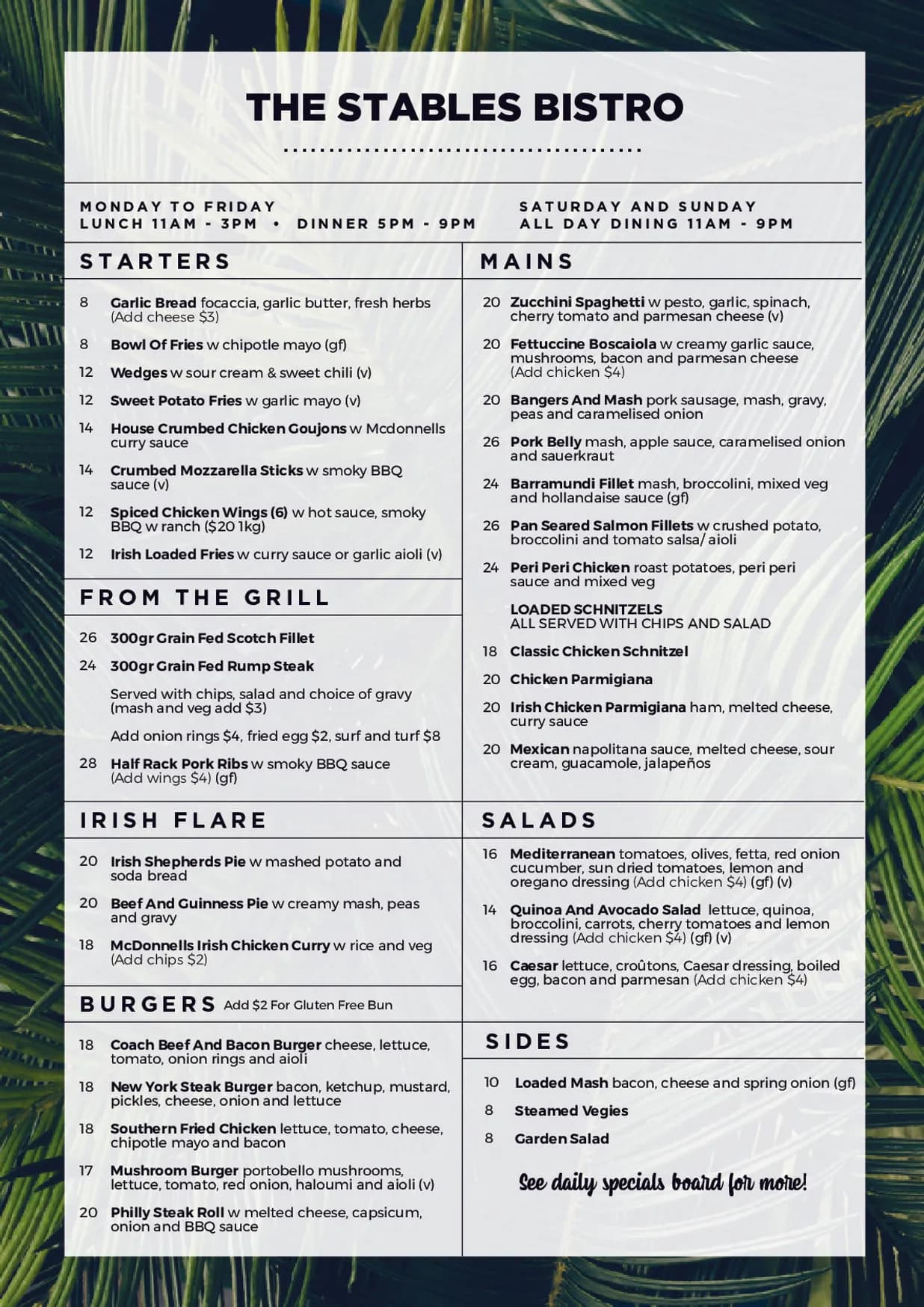 The Stables Bistro menu, page 1