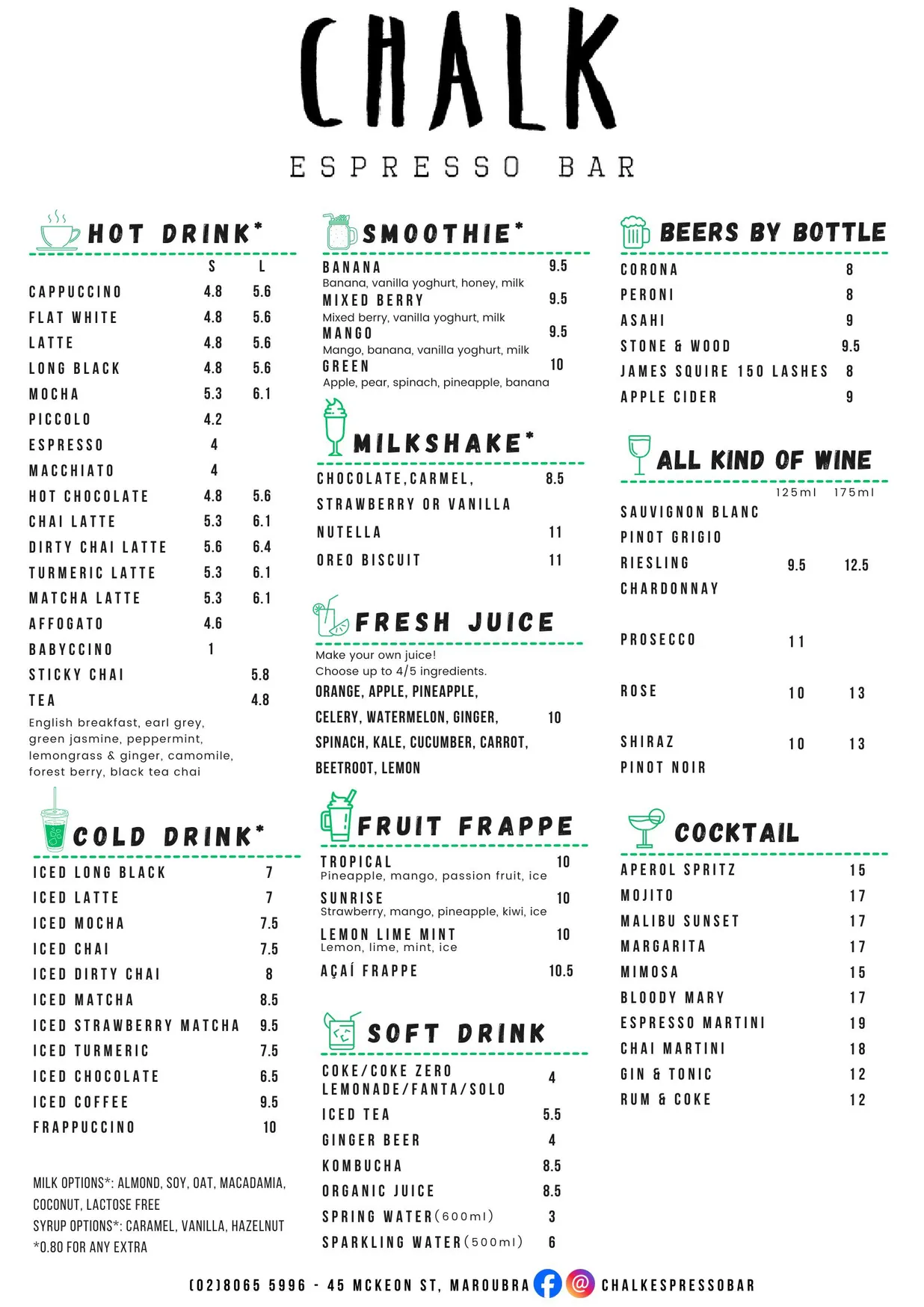Chalk Espresso Bar menu, page 1