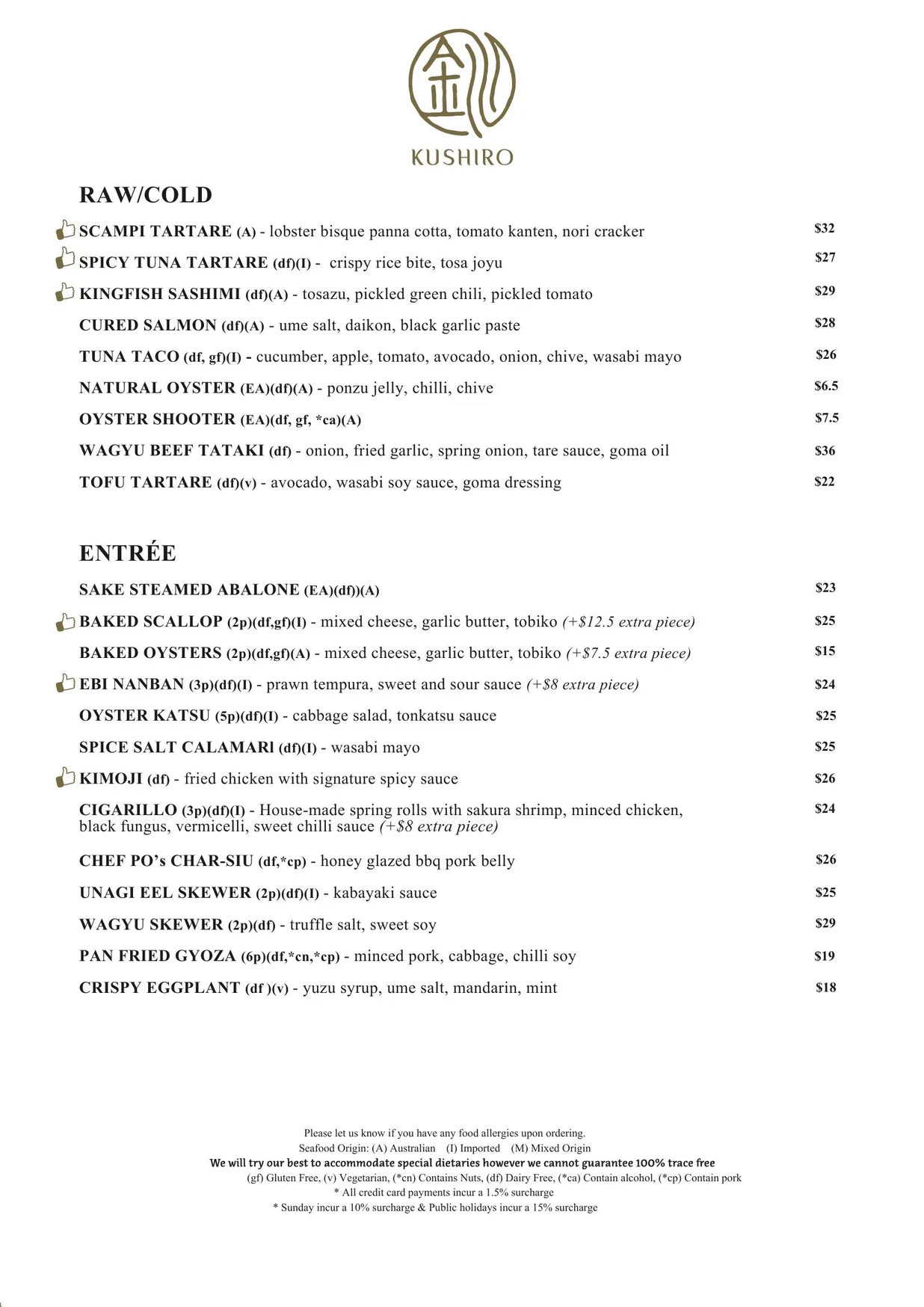 Kushiro Fusion Cuisine menu, page 1