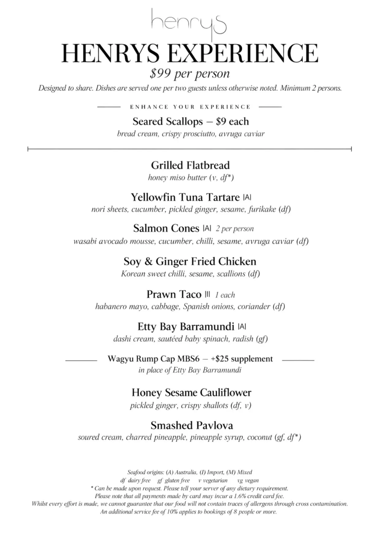 Henrys menu, page 1