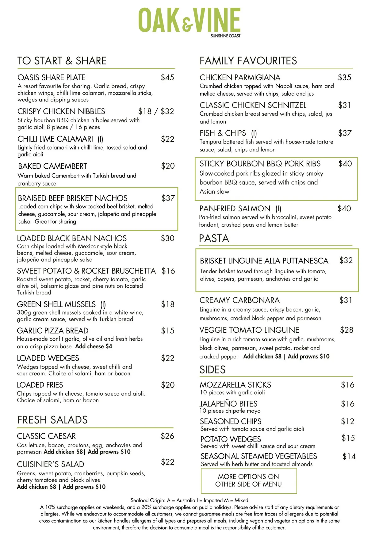 Oak & Vine Sunshine Coast menu, page 2