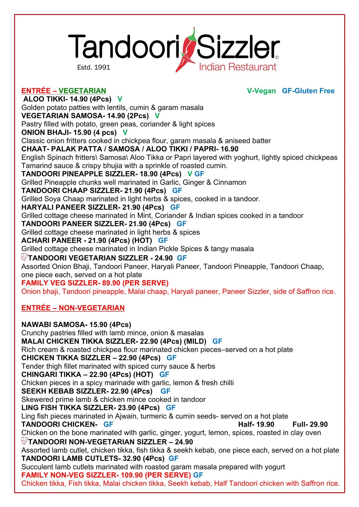 Tandoori Sizzler Dural menu, page 1