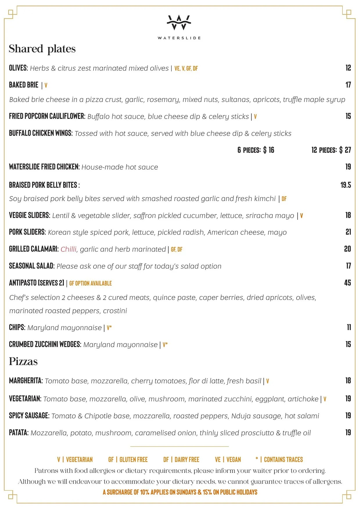 Waterslide Bar menu, page 1