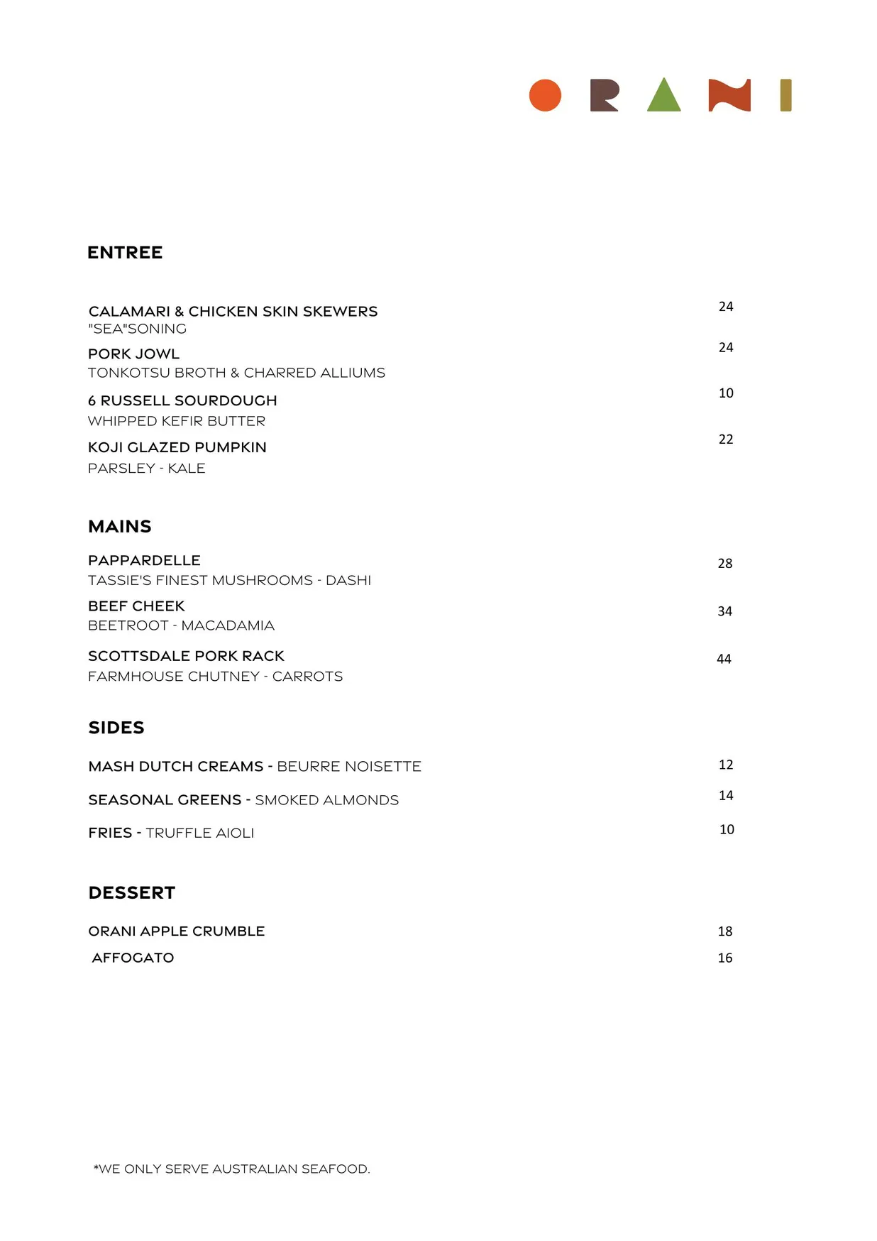 ORANI Restaurant menu, page 2