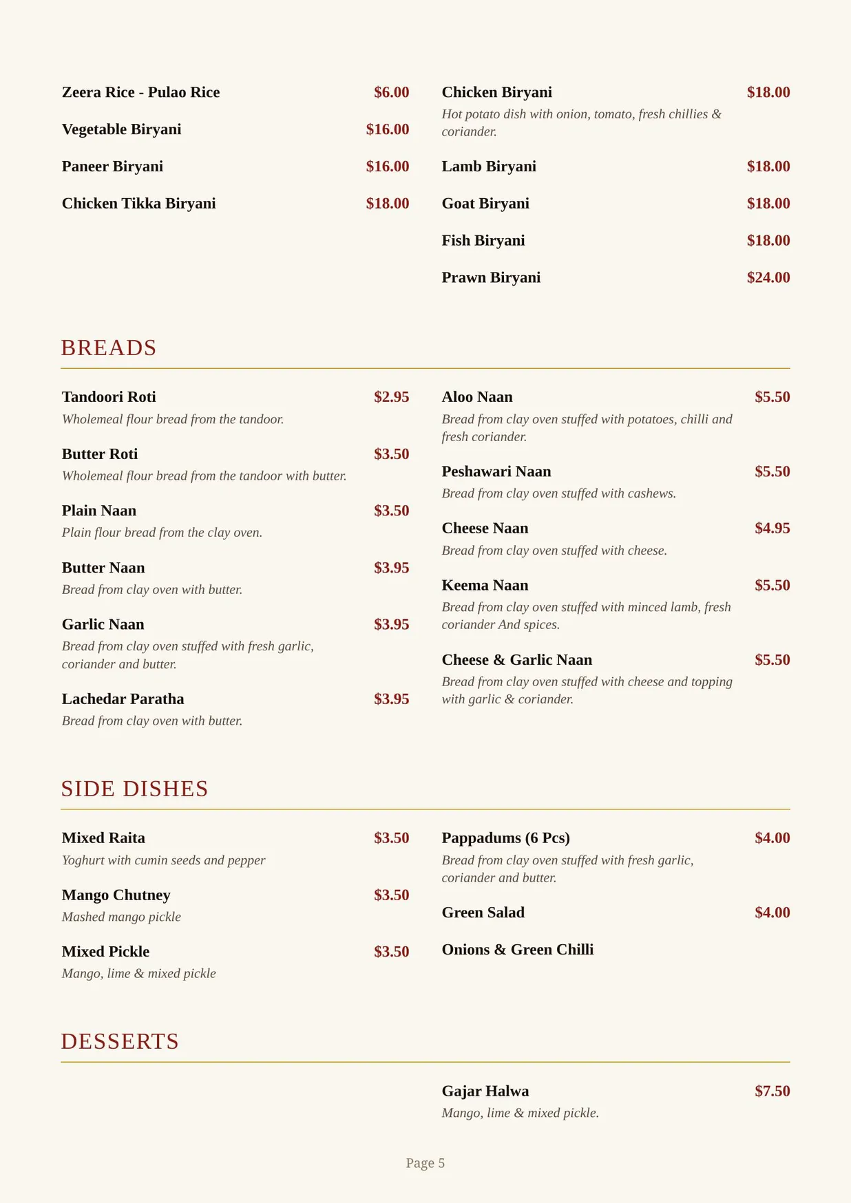 The Sultan's Palace Restaurant menu, page 5
