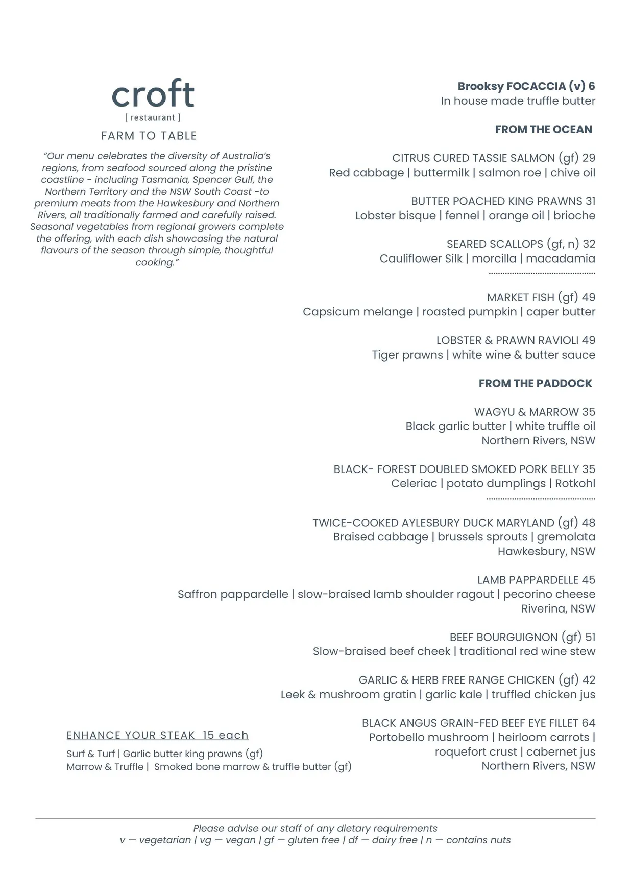 Croft Restaurant menu, page 1
