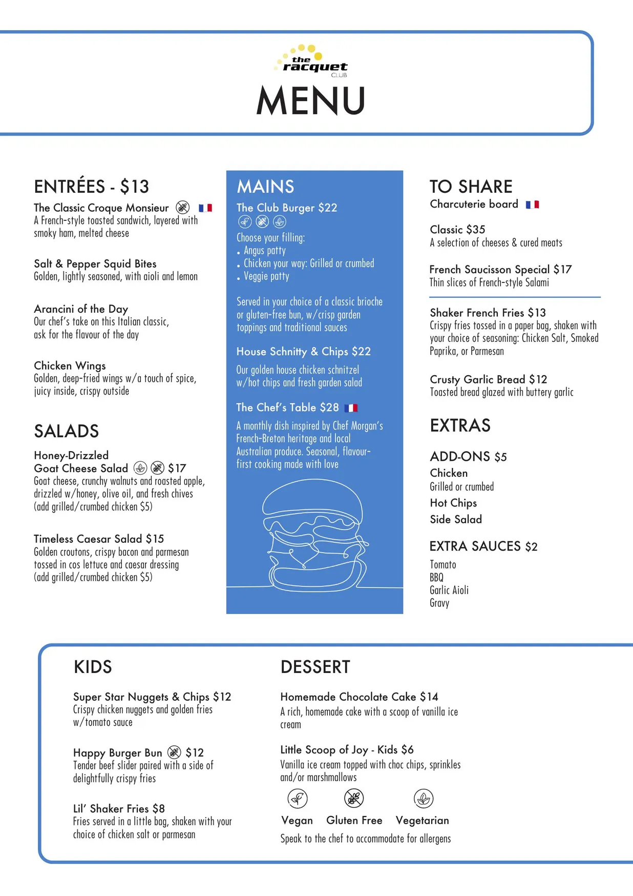 The Racquet Club Bar menu, page 1