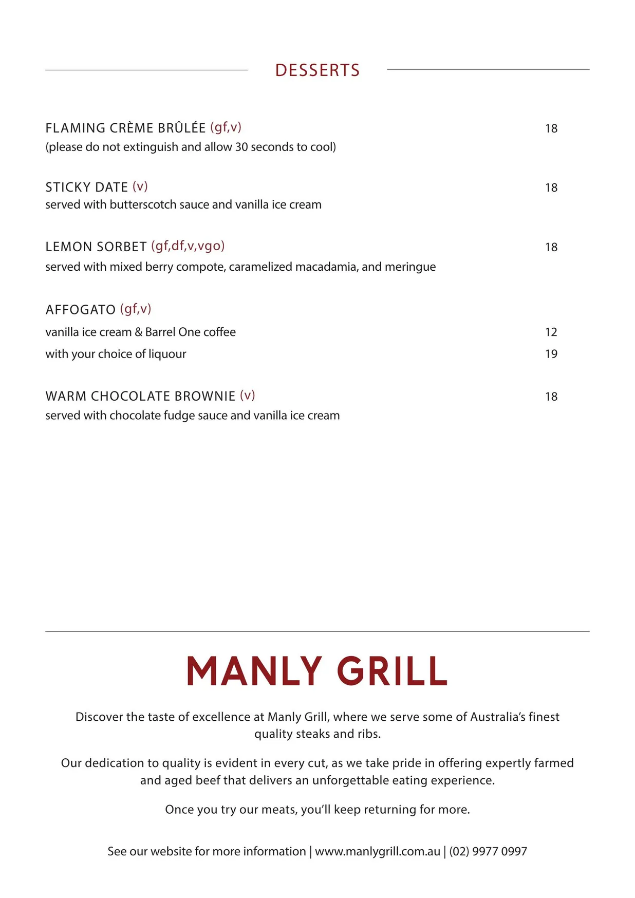 Manly Grill menu, page 8