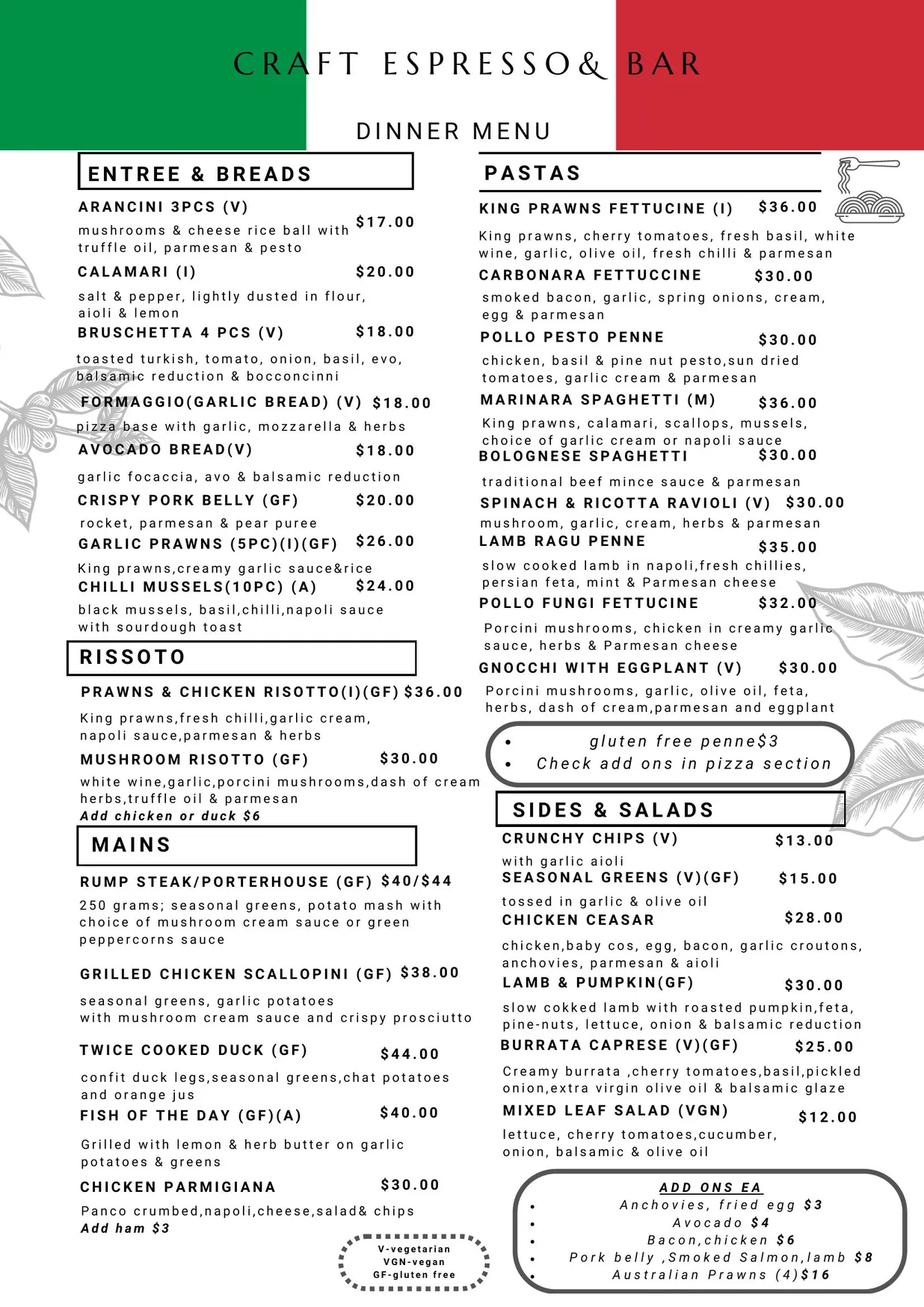 Craft Italian Restaurant & Bar menu, page 1