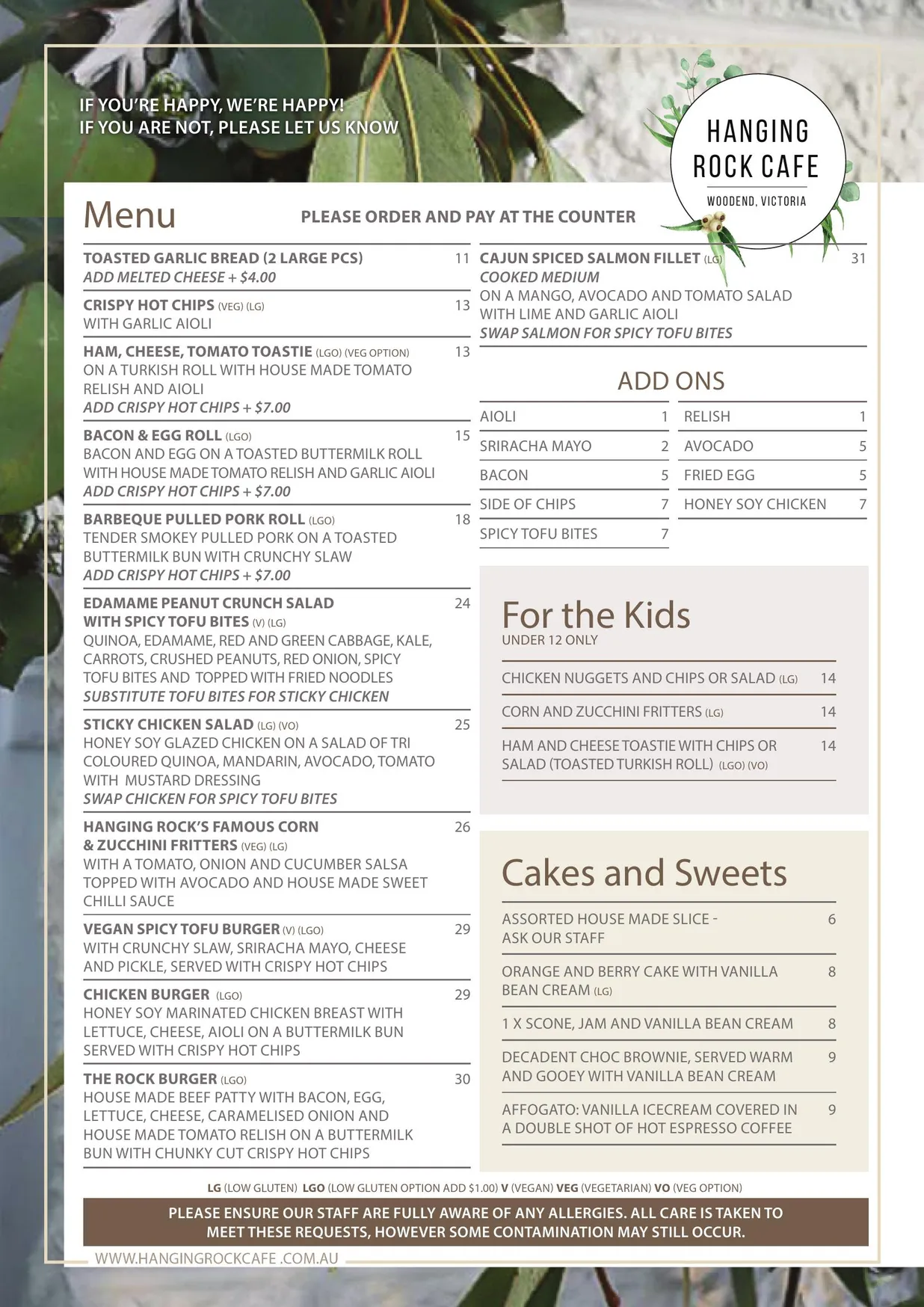 Hanging Rock Cafe menu, page 1