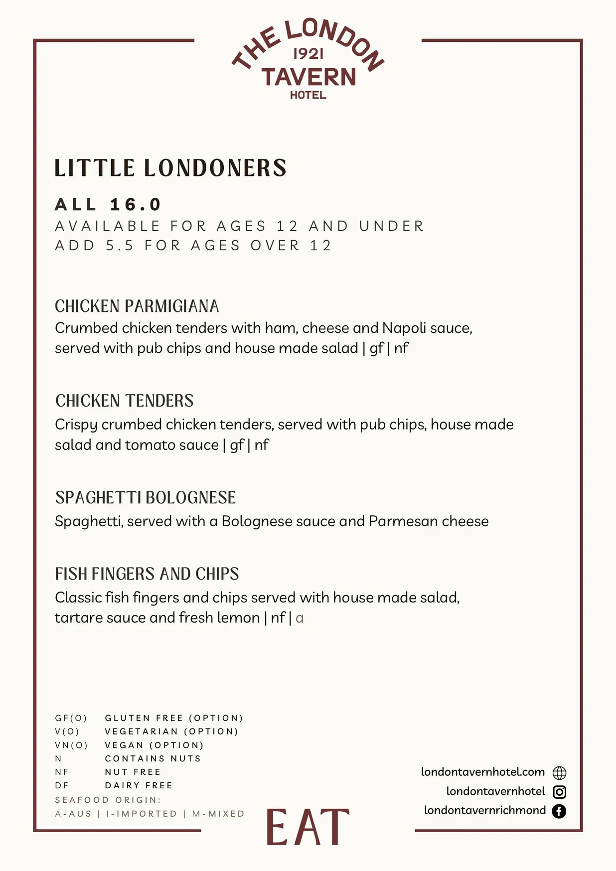 London Tavern Hotel menu, page 8