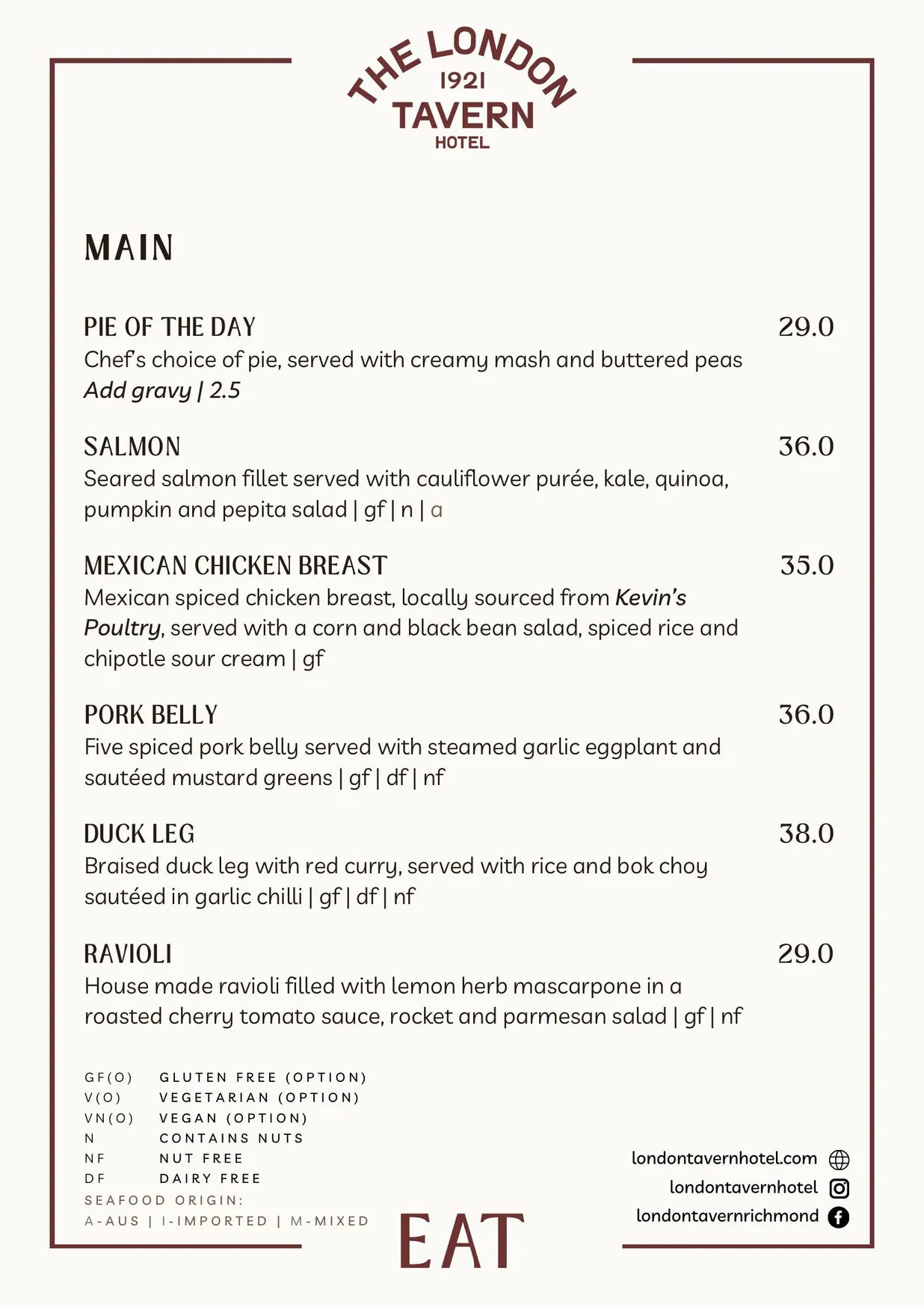 London Tavern Hotel menu, page 6