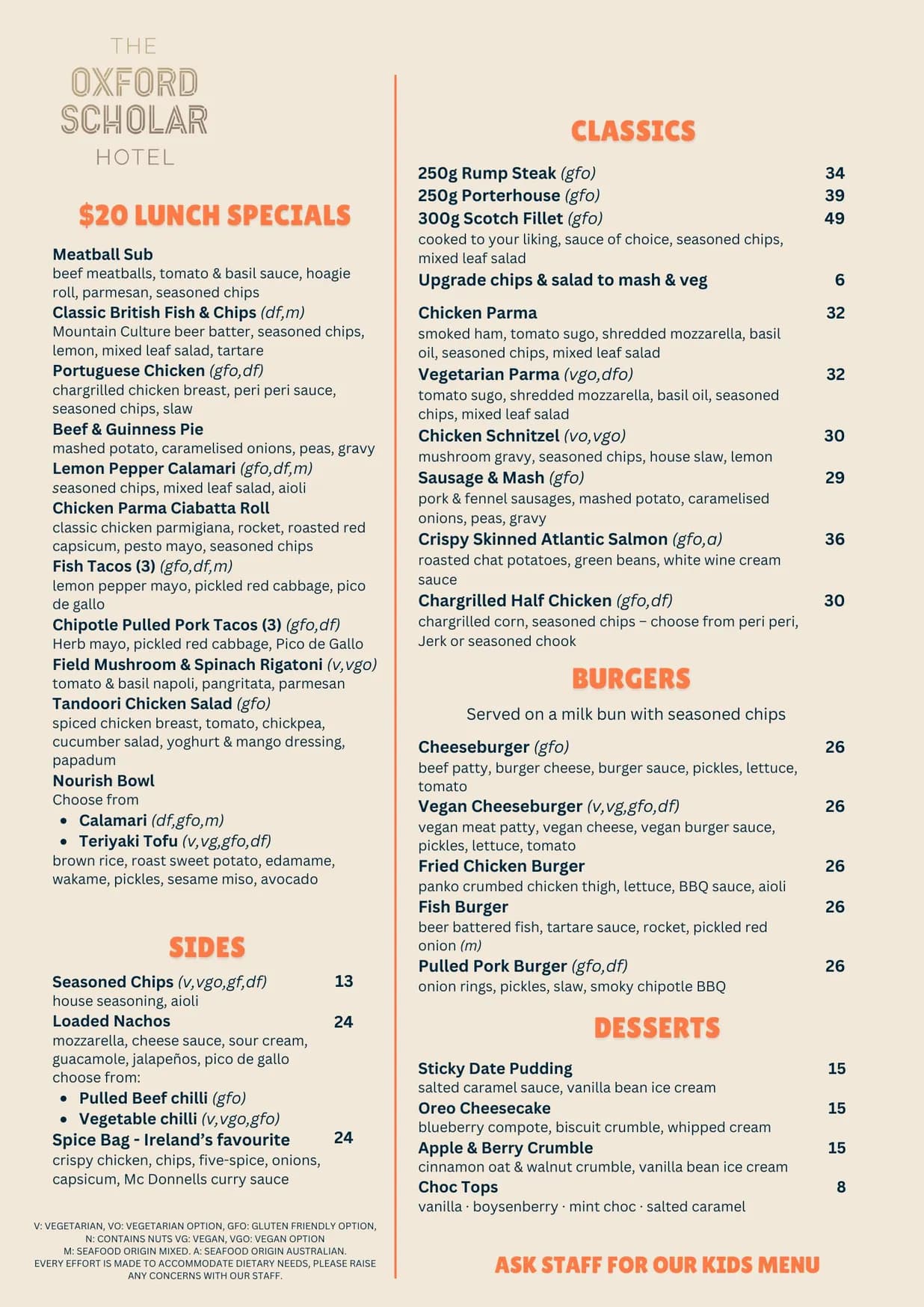 The Oxford Scholar menu, page 1