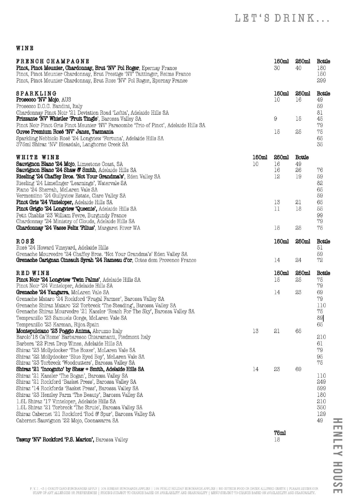 Henley House menu, page 4