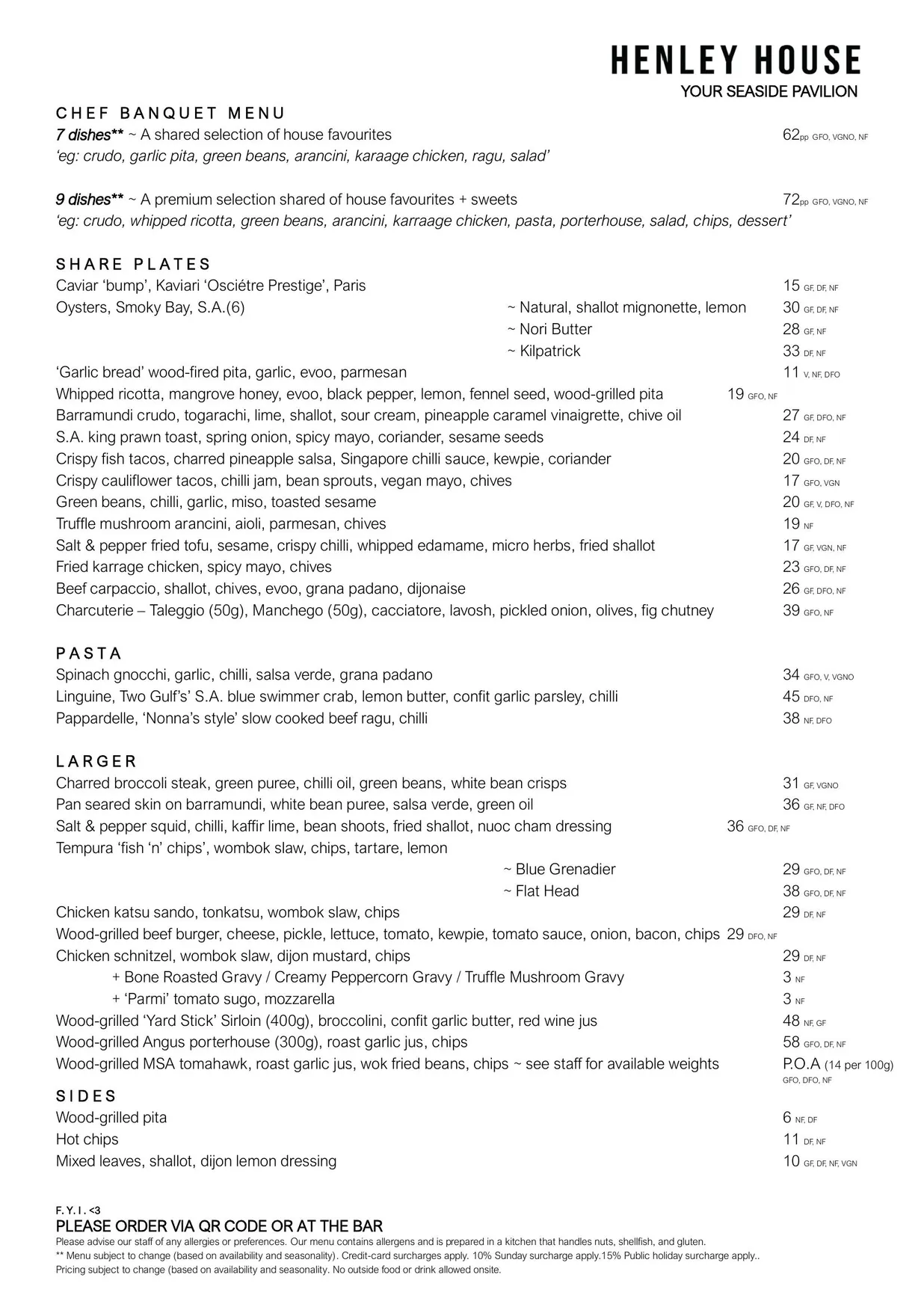 Henley House menu, page 1