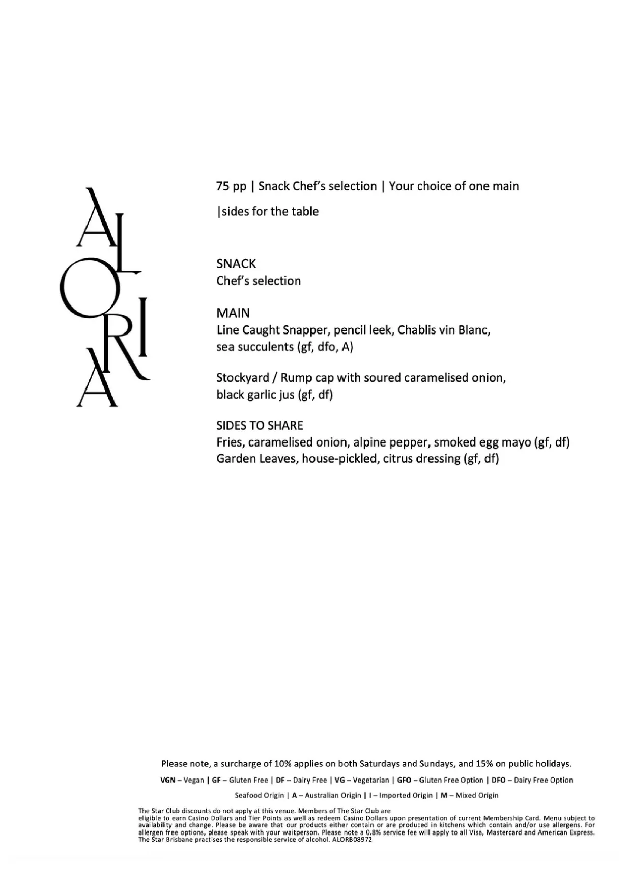 Aloria on Sky Deck menu, page 1