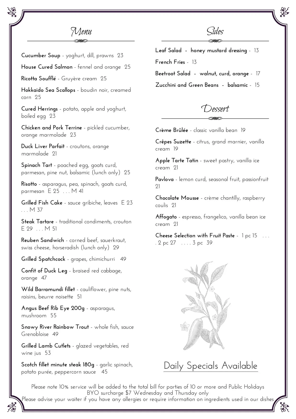 Martha's menu, page 1