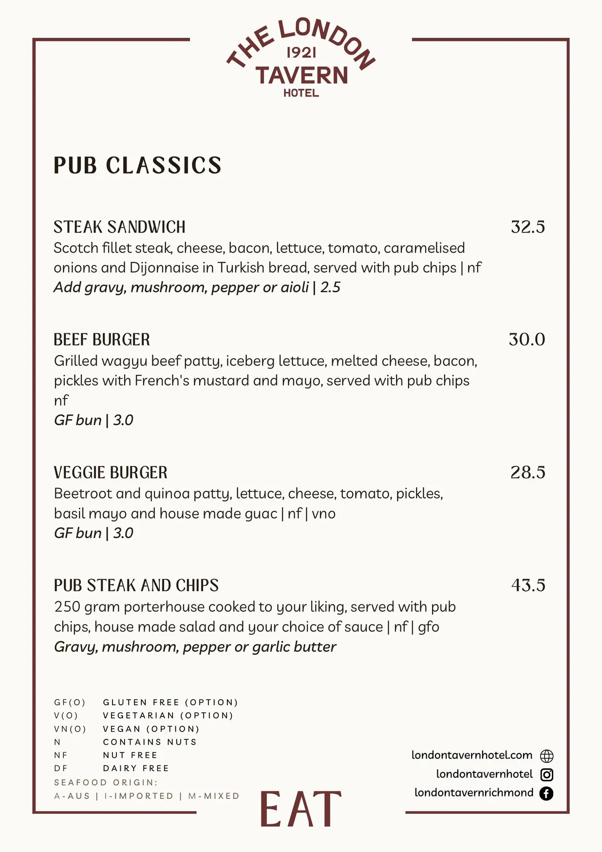 London Tavern Hotel menu, page 5