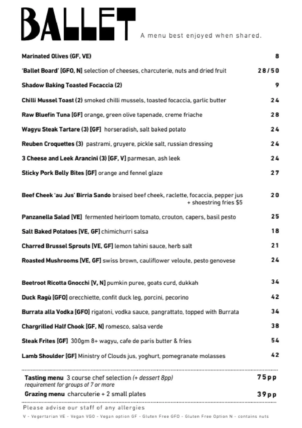 Ballet Wine Bar menu, page 1