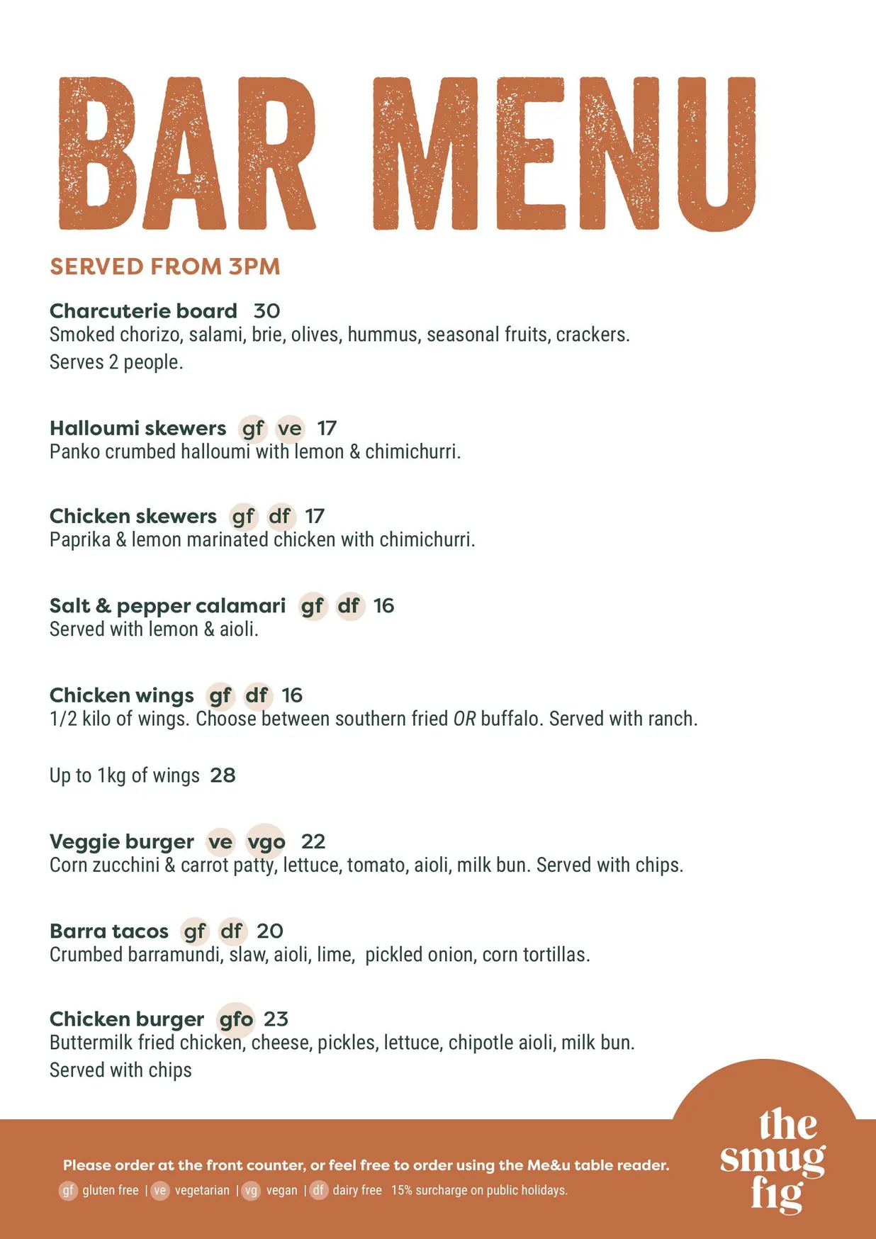 The Smug Fig menu, page 1