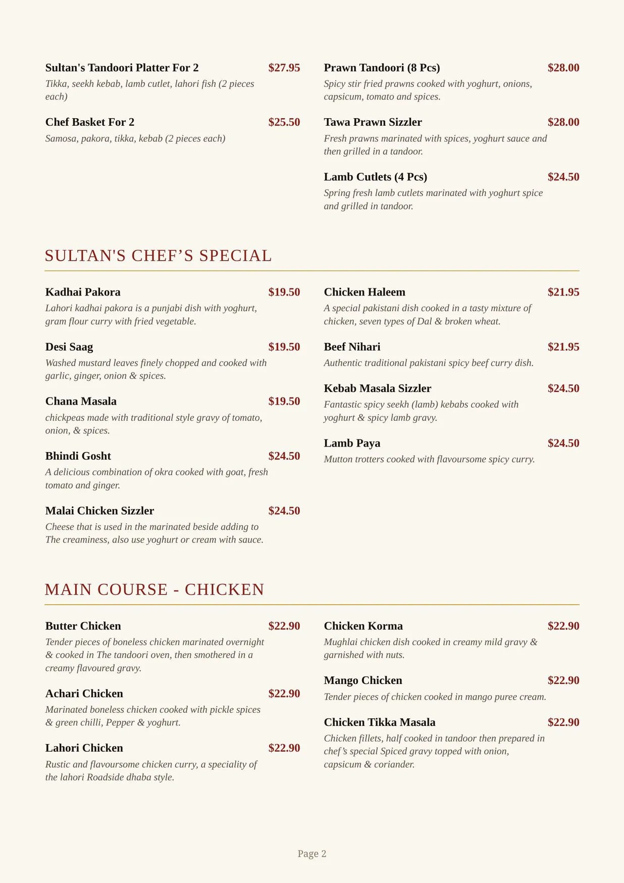 The Sultan's Palace Restaurant menu, page 2