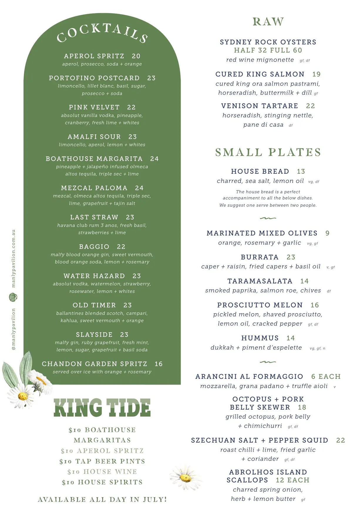Manly Pavilion menu, page 2